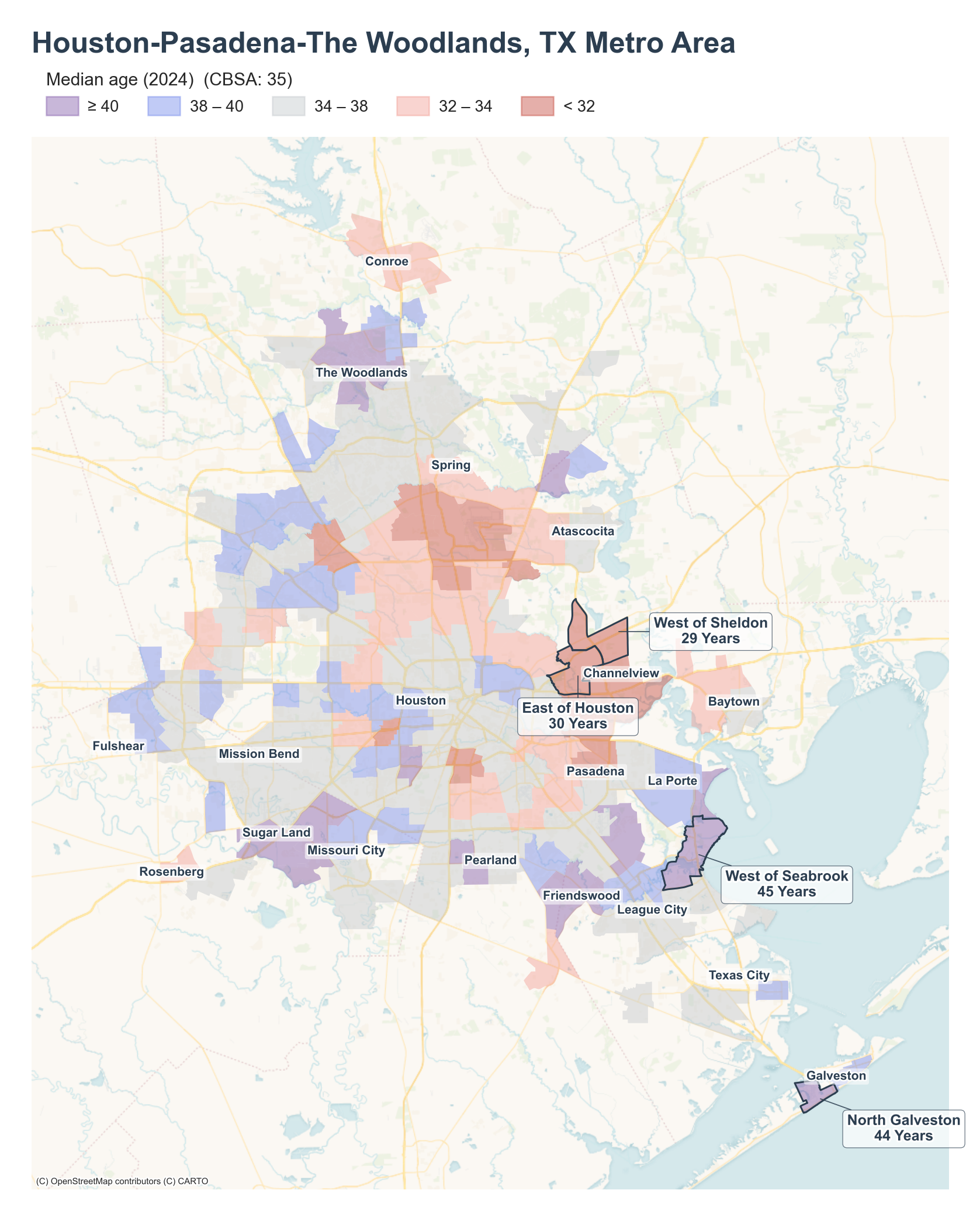 Median age (2024) by neighborhood across the Houston metro