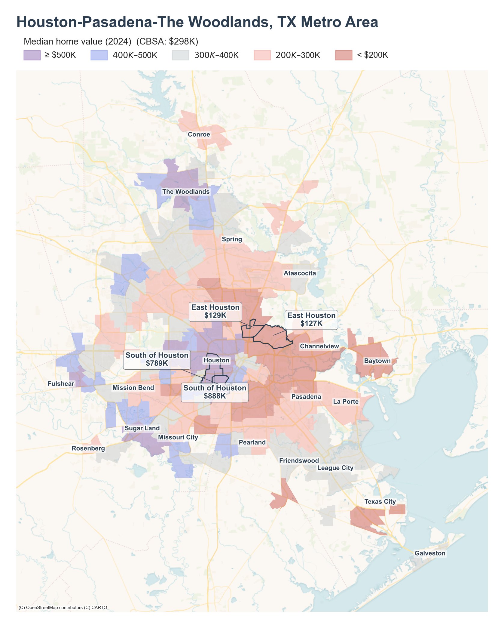 Median home value (2024) by neighborhood across the Houston metro