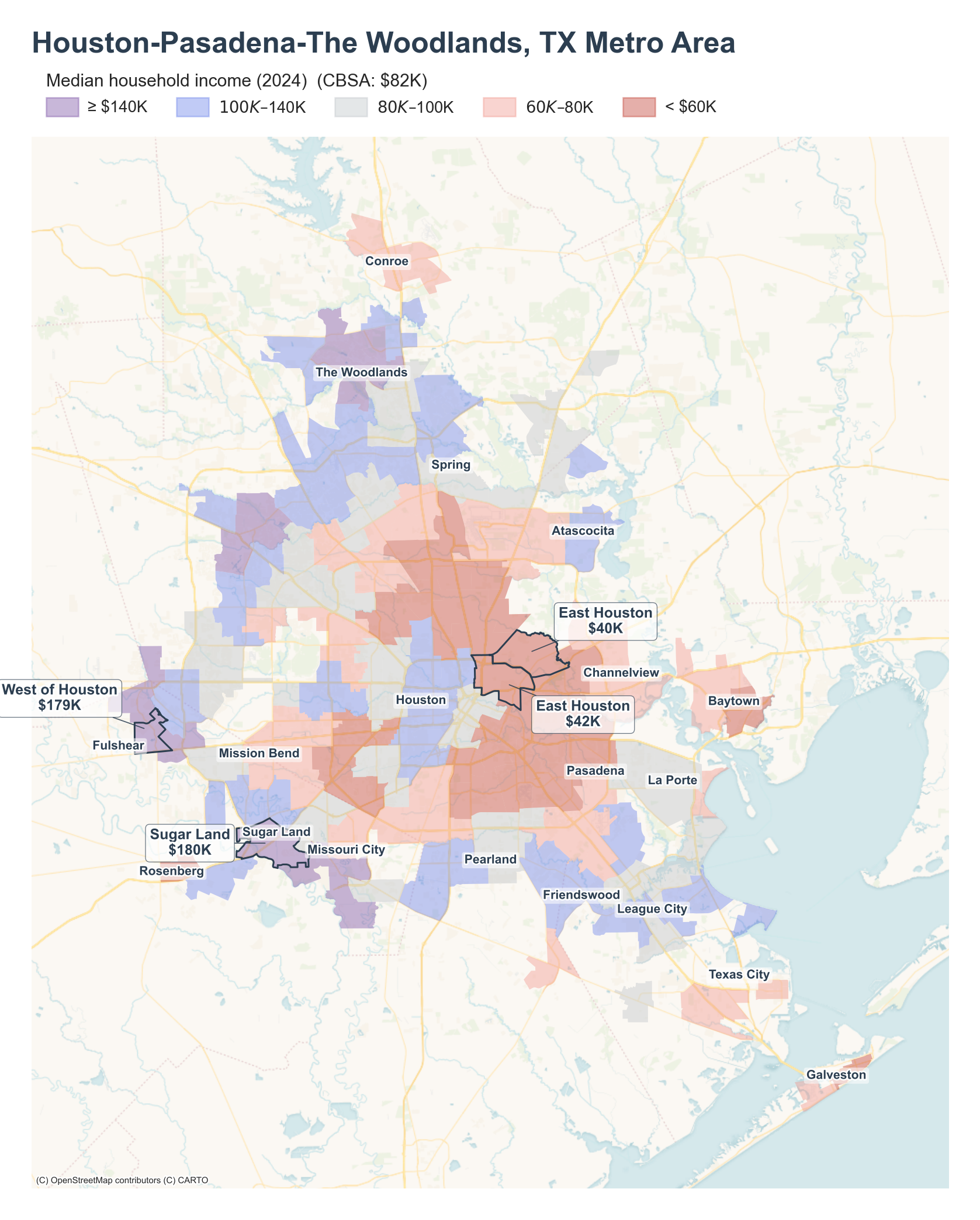 Median household income (2024) by neighborhood across the Houston metro