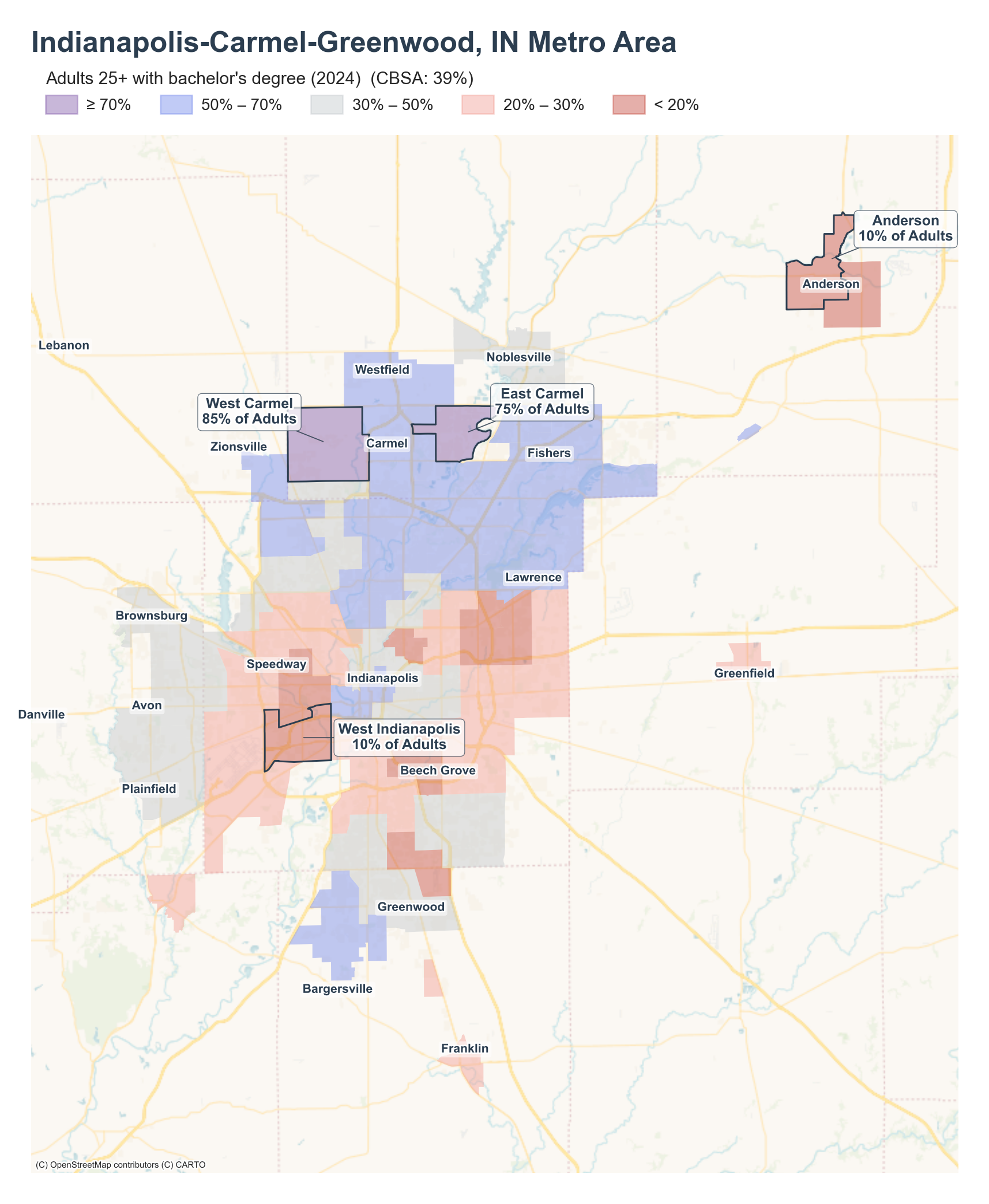Adults 25+ with bachelor's degree (2024) by neighborhood across the Indianapolis metro