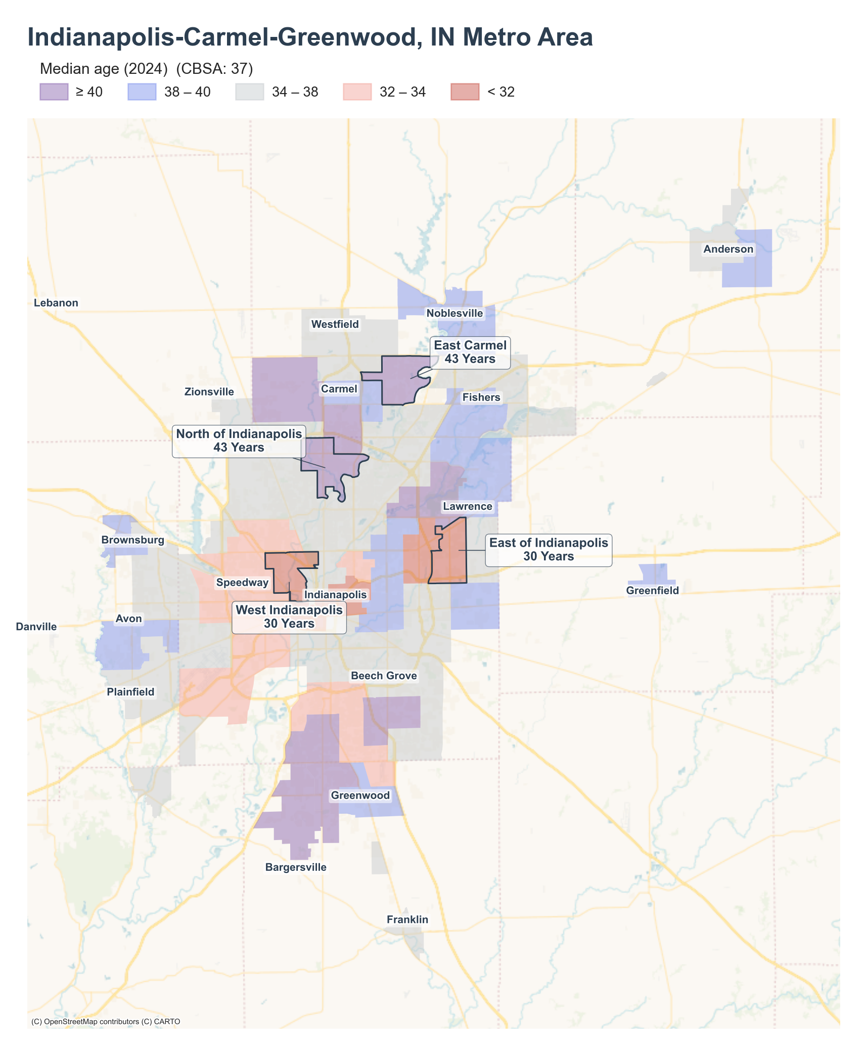 Median age (2024) by neighborhood across the Indianapolis metro