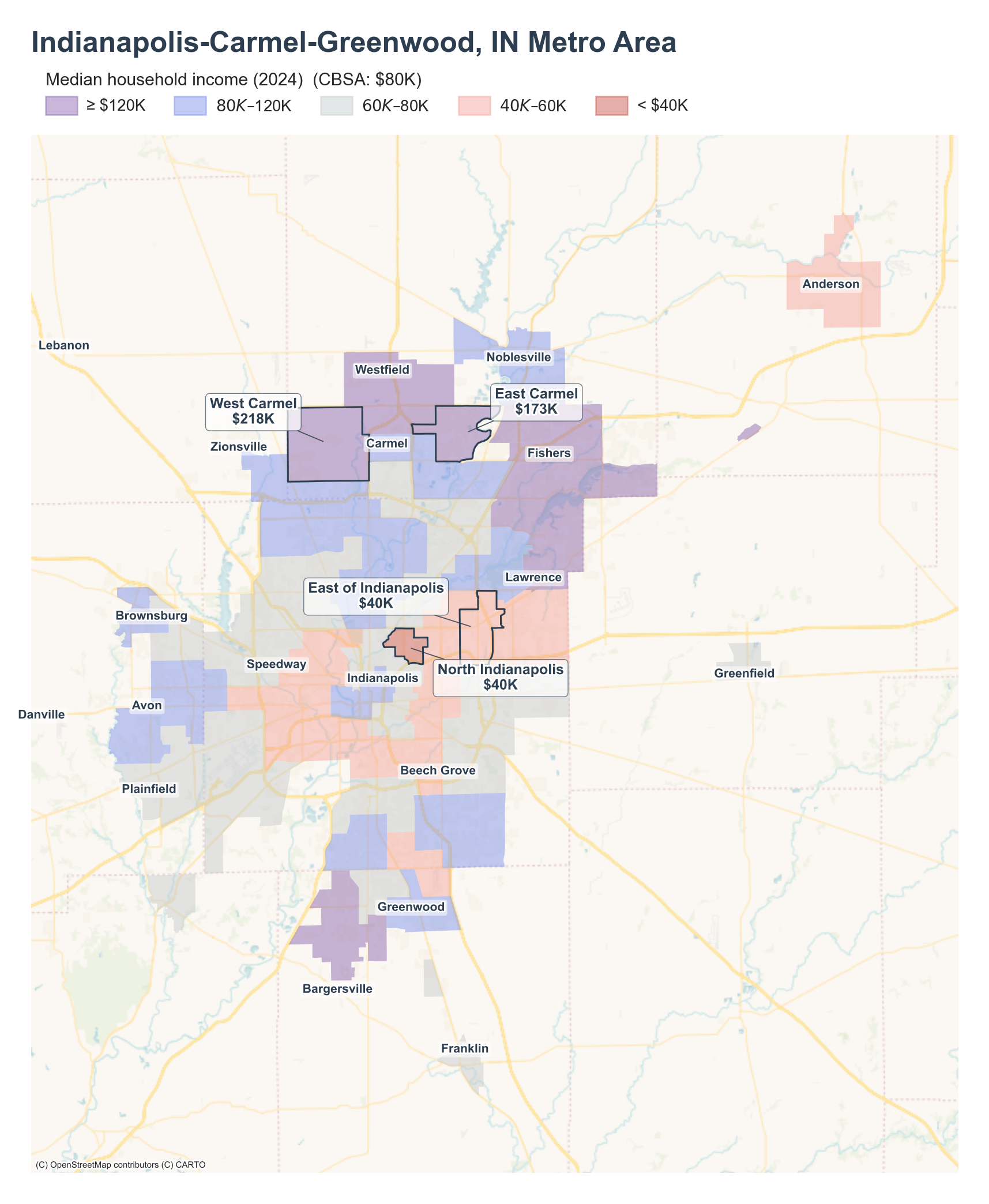Median household income (2024) by neighborhood across the Indianapolis metro