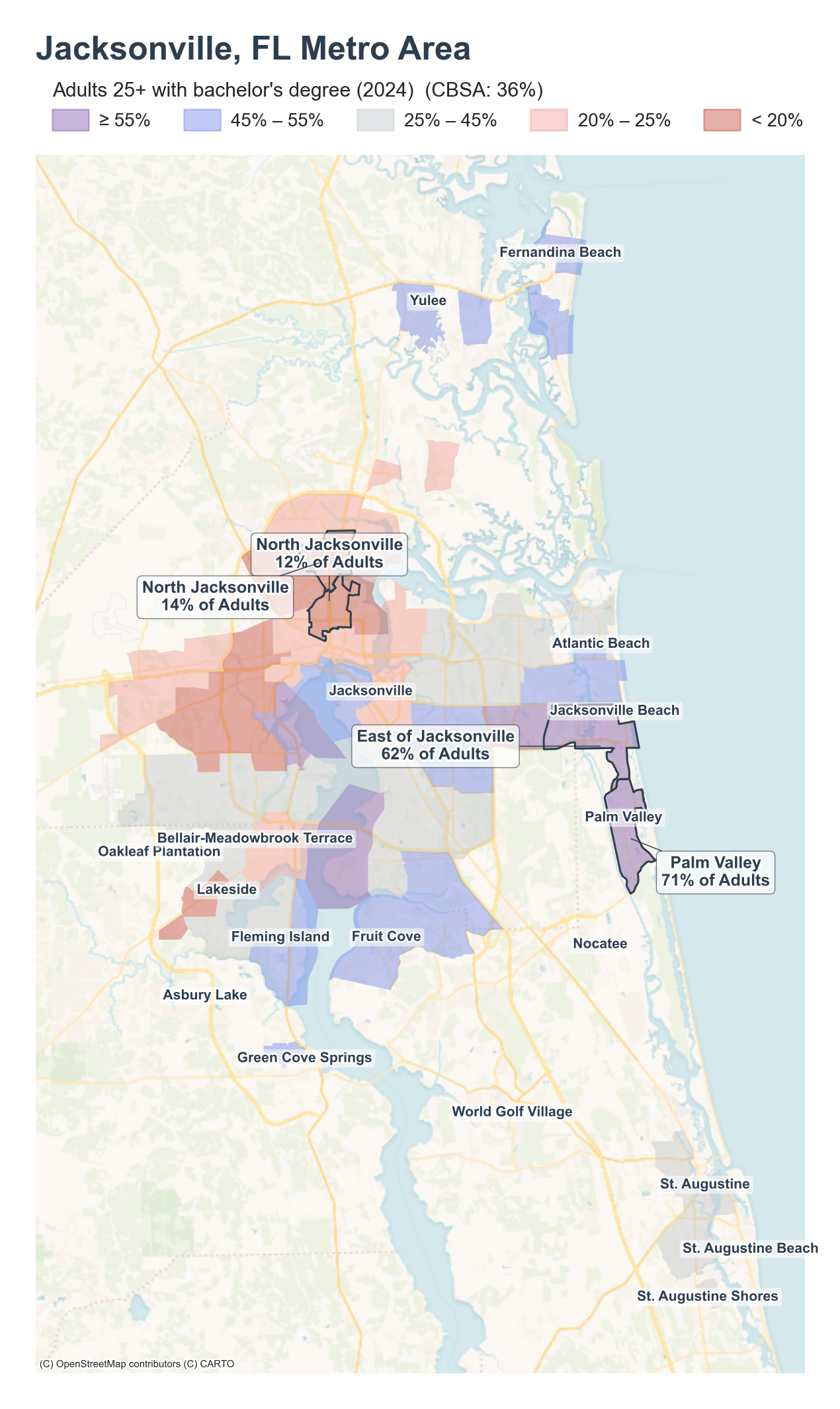 Adults 25+ with bachelor's degree (2024) by neighborhood across the Jacksonville metro
