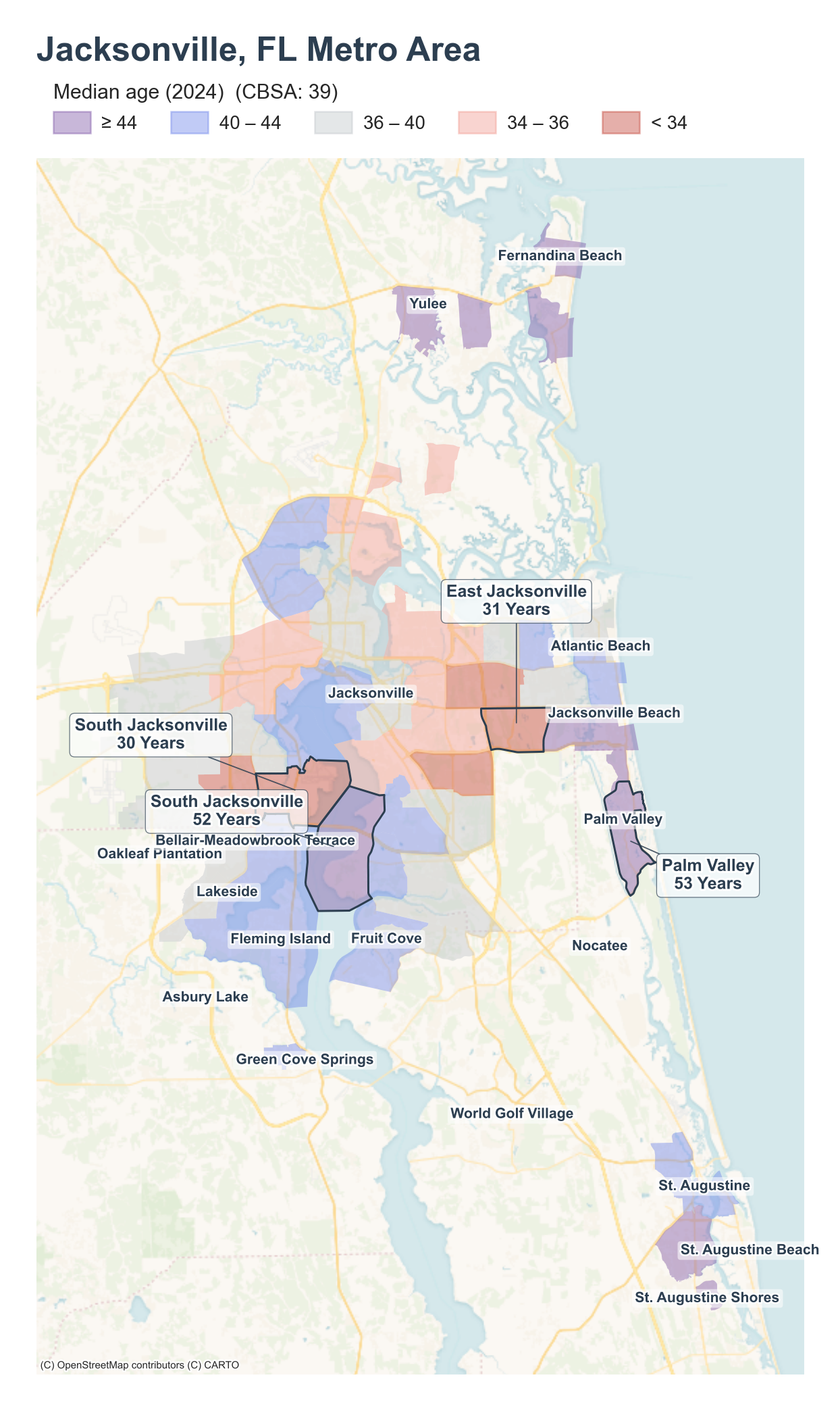 Median age (2024) by neighborhood across the Jacksonville metro