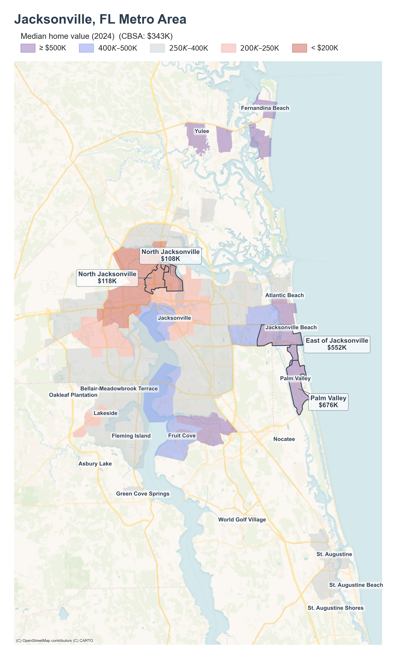 Median home value (2024) by neighborhood across the Jacksonville metro