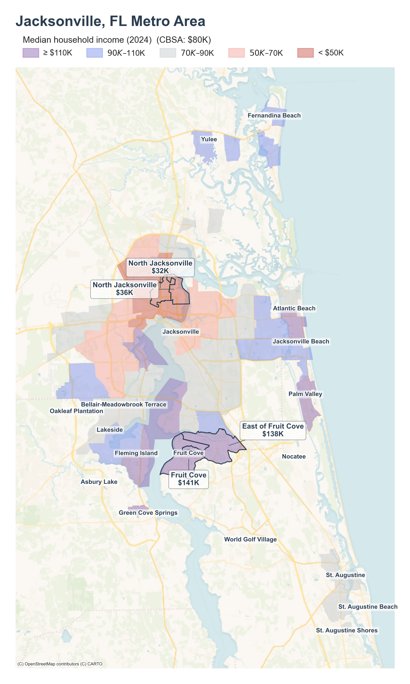 Median household income (2024) by neighborhood across the Jacksonville metro