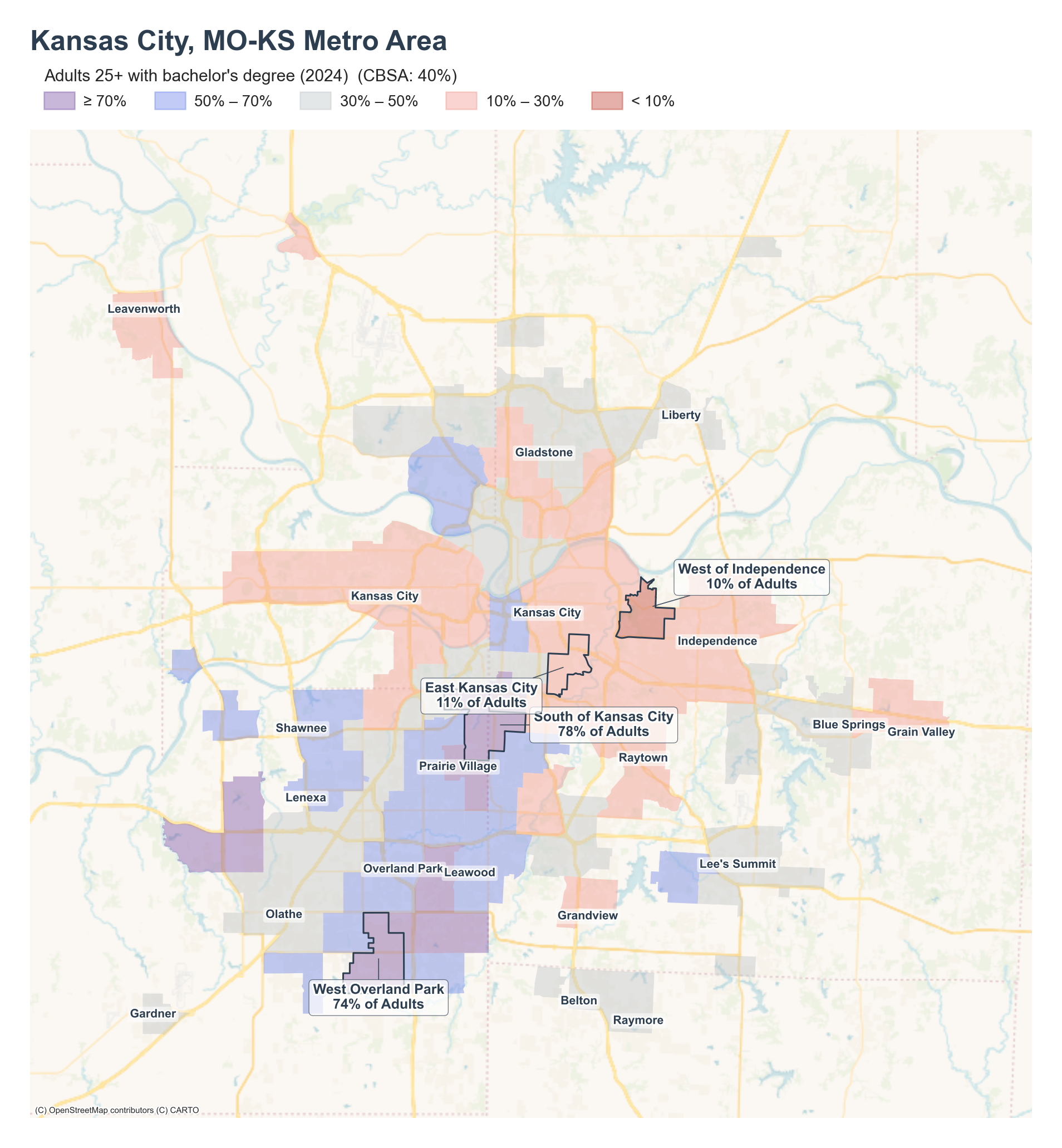 Adults 25+ with bachelor's degree (2024) by neighborhood across the Kansas City metro