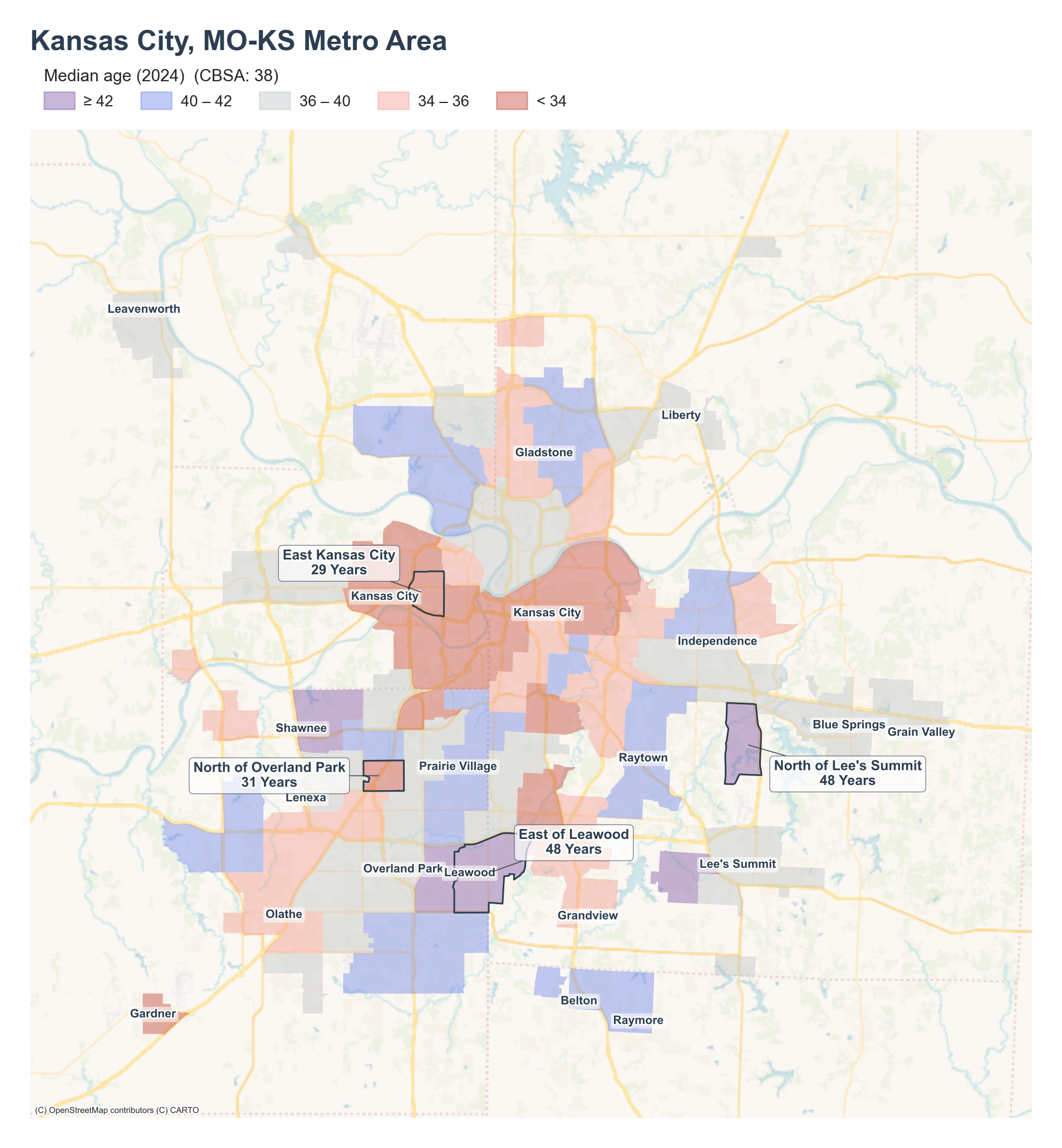 Median age (2024) by neighborhood across the Kansas City metro