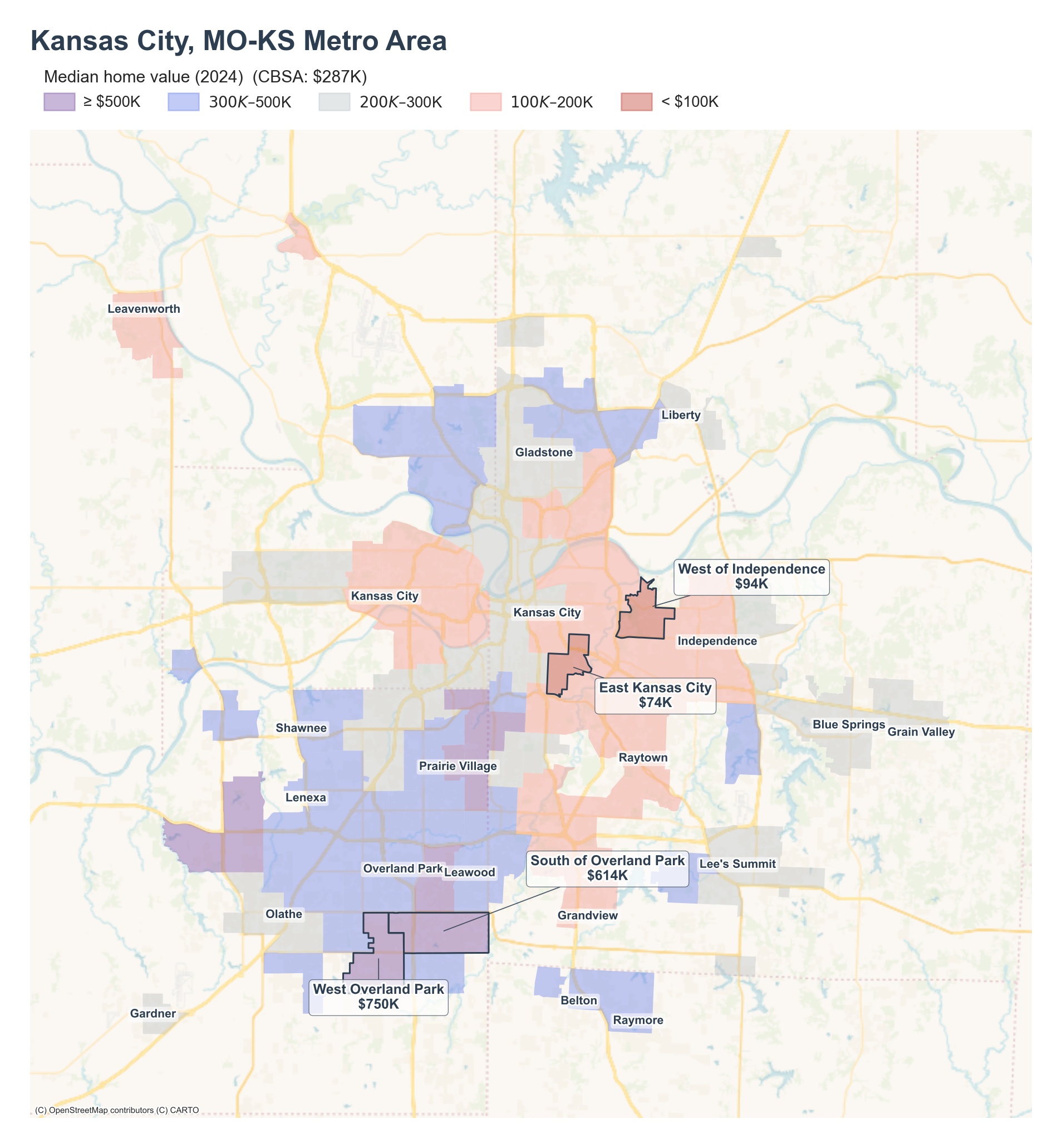 Median home value (2024) by neighborhood across the Kansas City metro