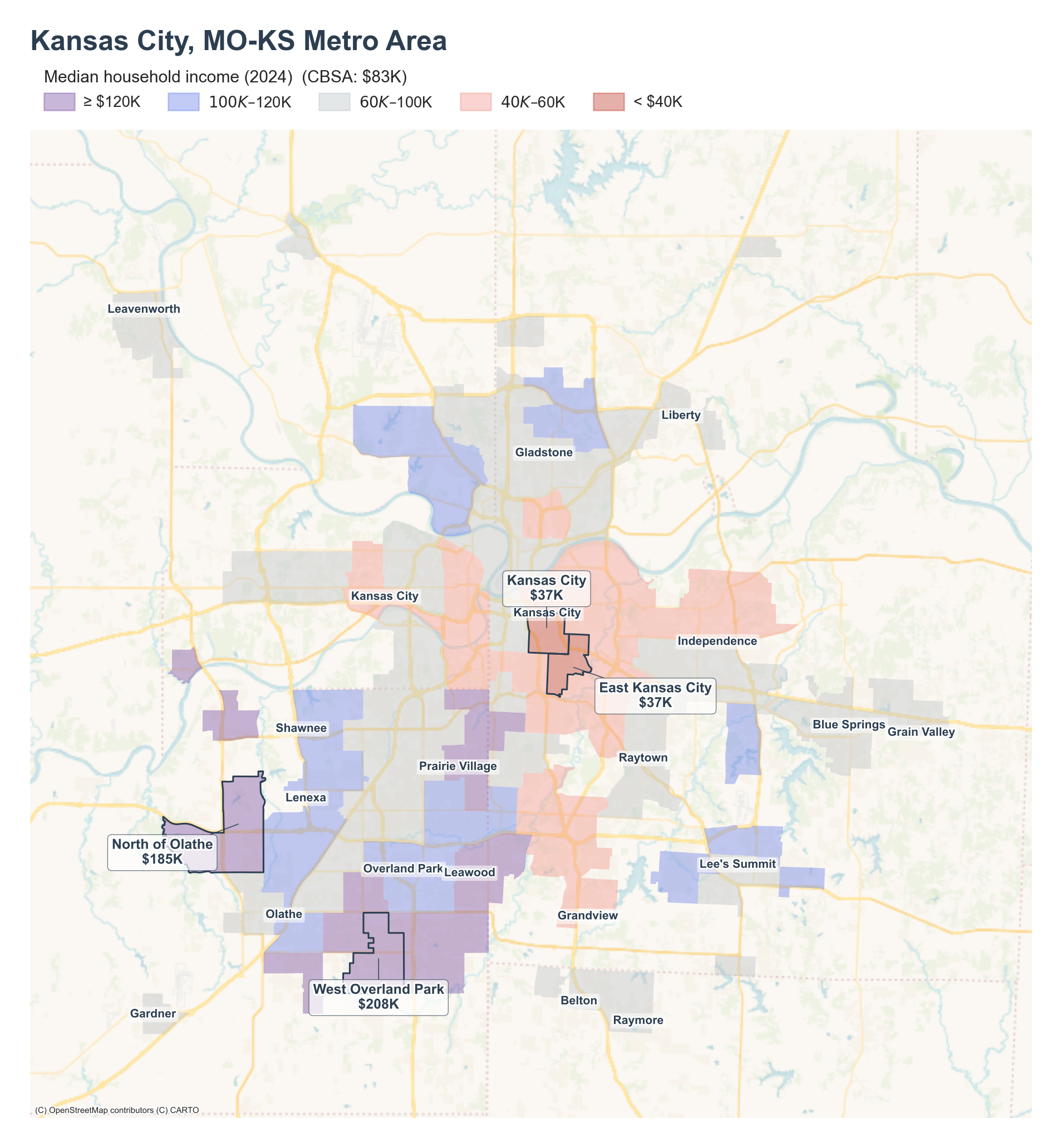 Median household income (2024) by neighborhood across the Kansas City metro