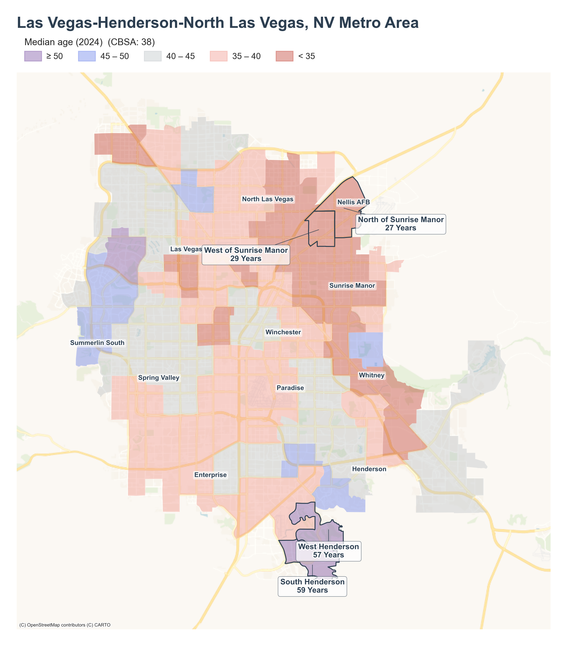 Median age (2024) by neighborhood across the Las Vegas–Henderson–Paradise metro