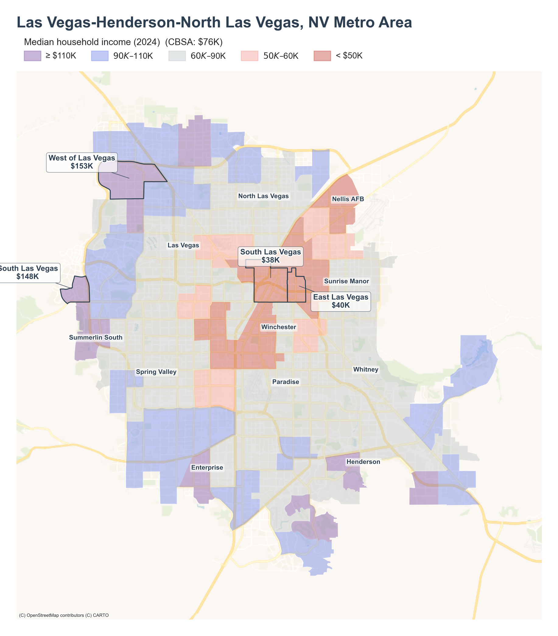 Median household income (2024) by neighborhood across the Las Vegas–Henderson–Paradise metro