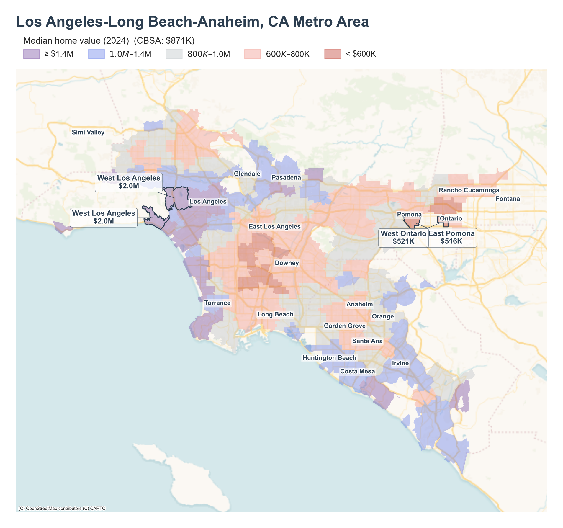 Median home value (2024) by neighborhood cluster across the Los Angeles metro