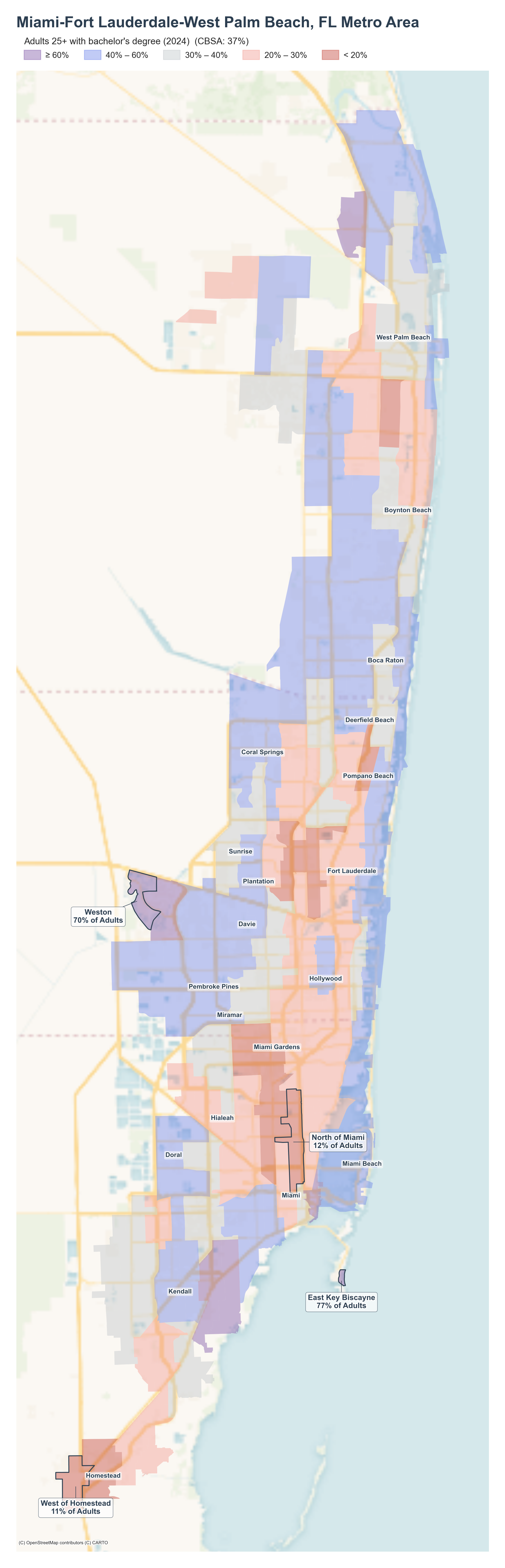 Adults 25+ with bachelor's degree (2024) by tract cluster