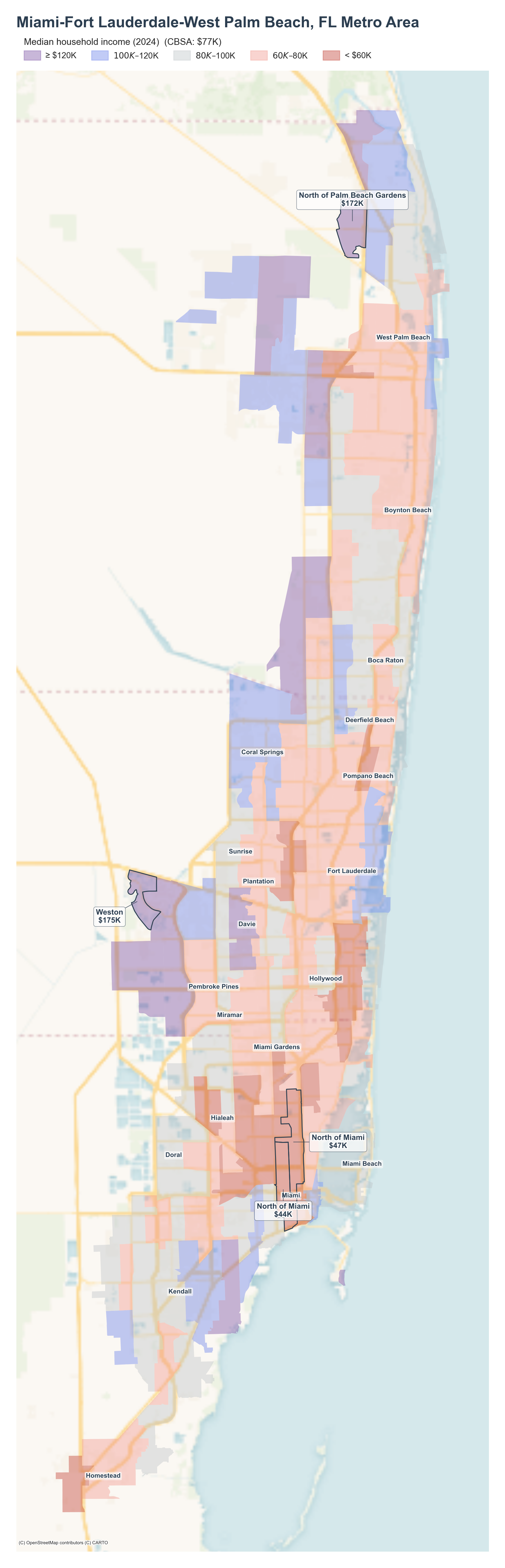 Median household income (2024) by tract cluster