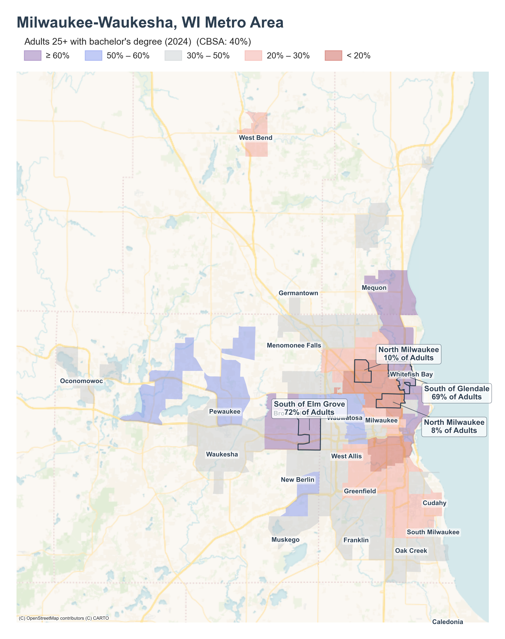 Adults 25+ with bachelor's degree (2024) by neighborhood across the Milwaukee metro