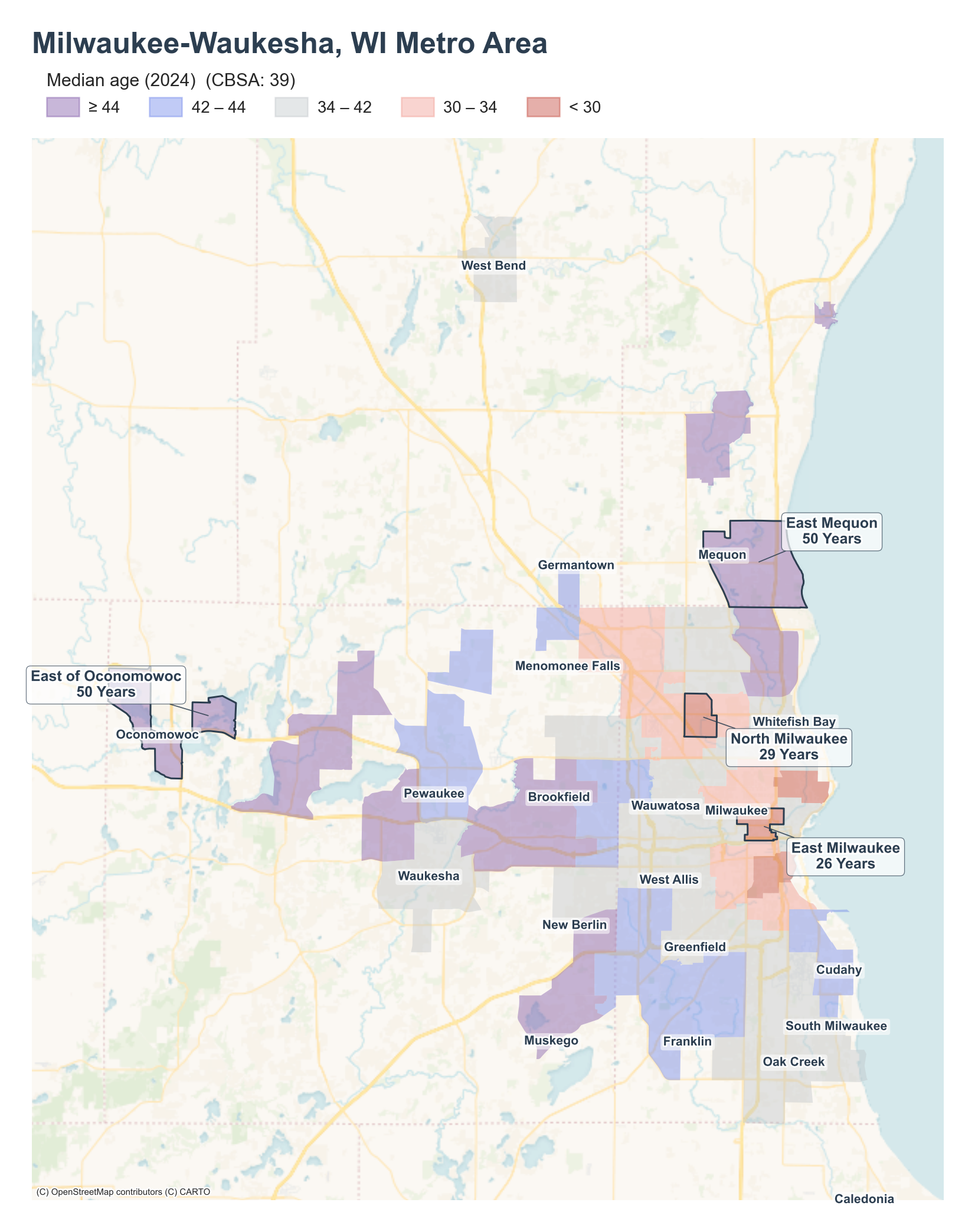 Median age (2024) by neighborhood across the Milwaukee metro