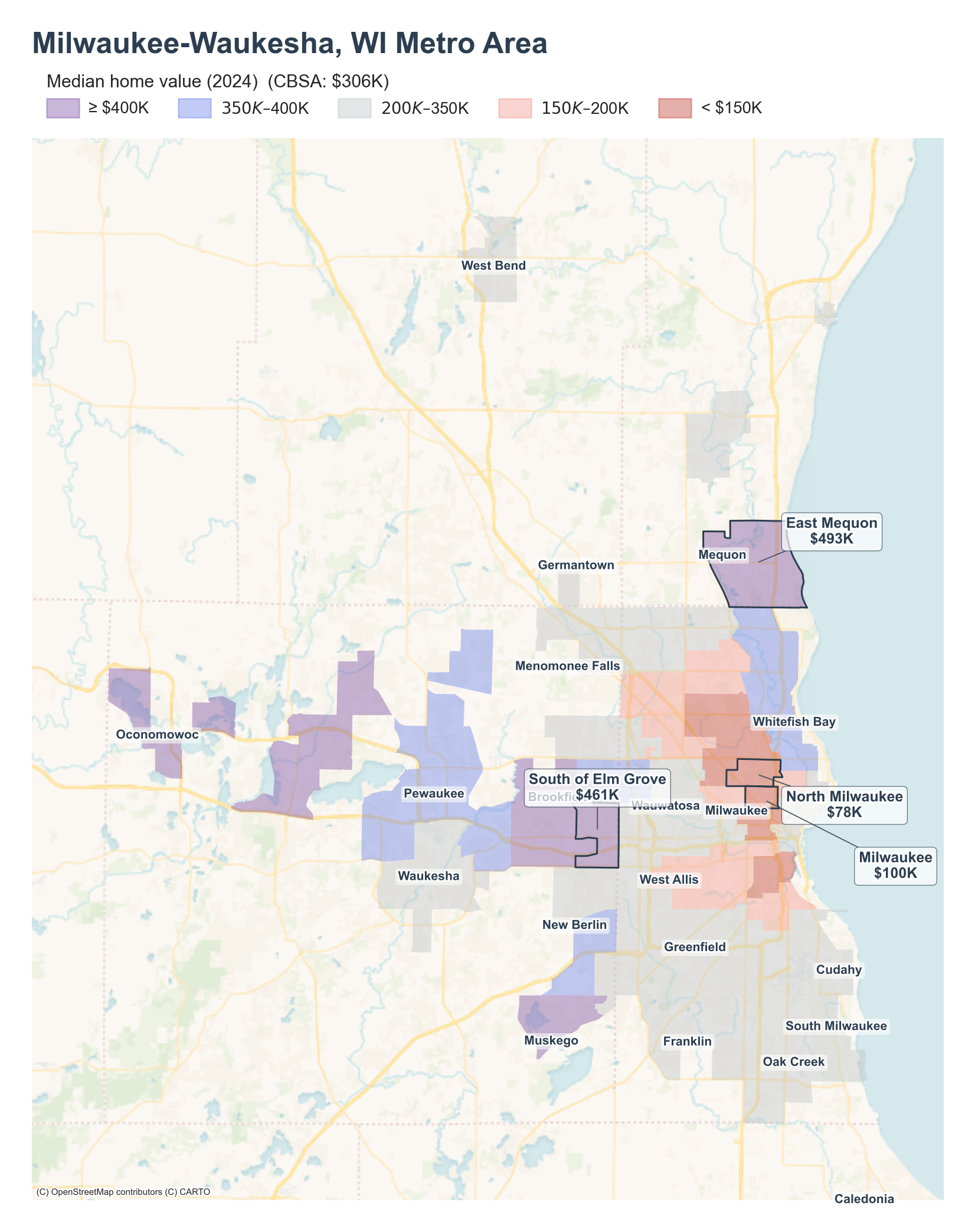 Median home value (2024) by neighborhood across the Milwaukee metro