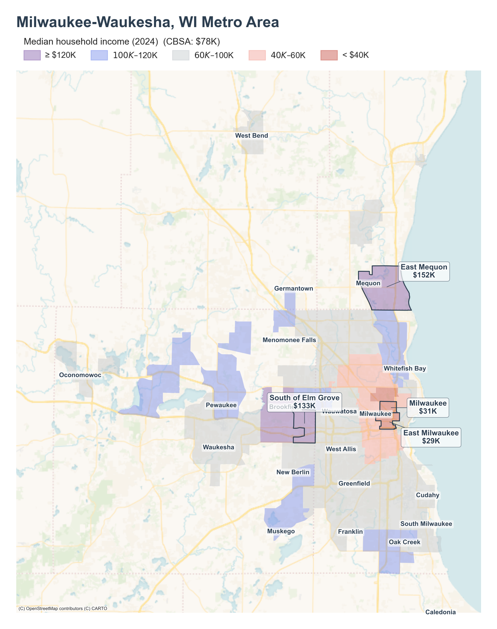 Median household income (2024) by neighborhood across the Milwaukee metro
