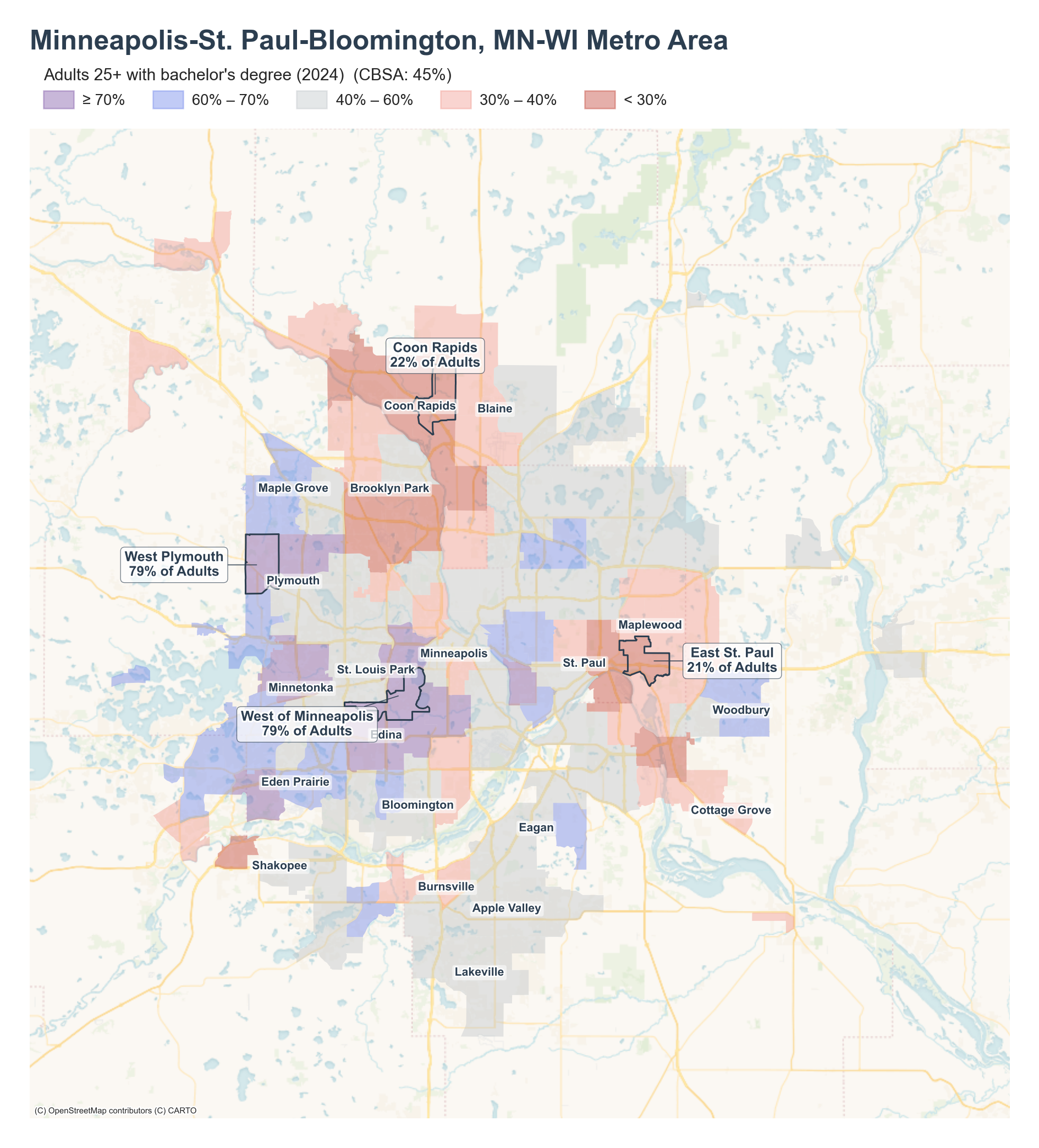 Adults 25+ with bachelor's degree (2024) by neighborhood across the Minneapolis–St. Paul metro
