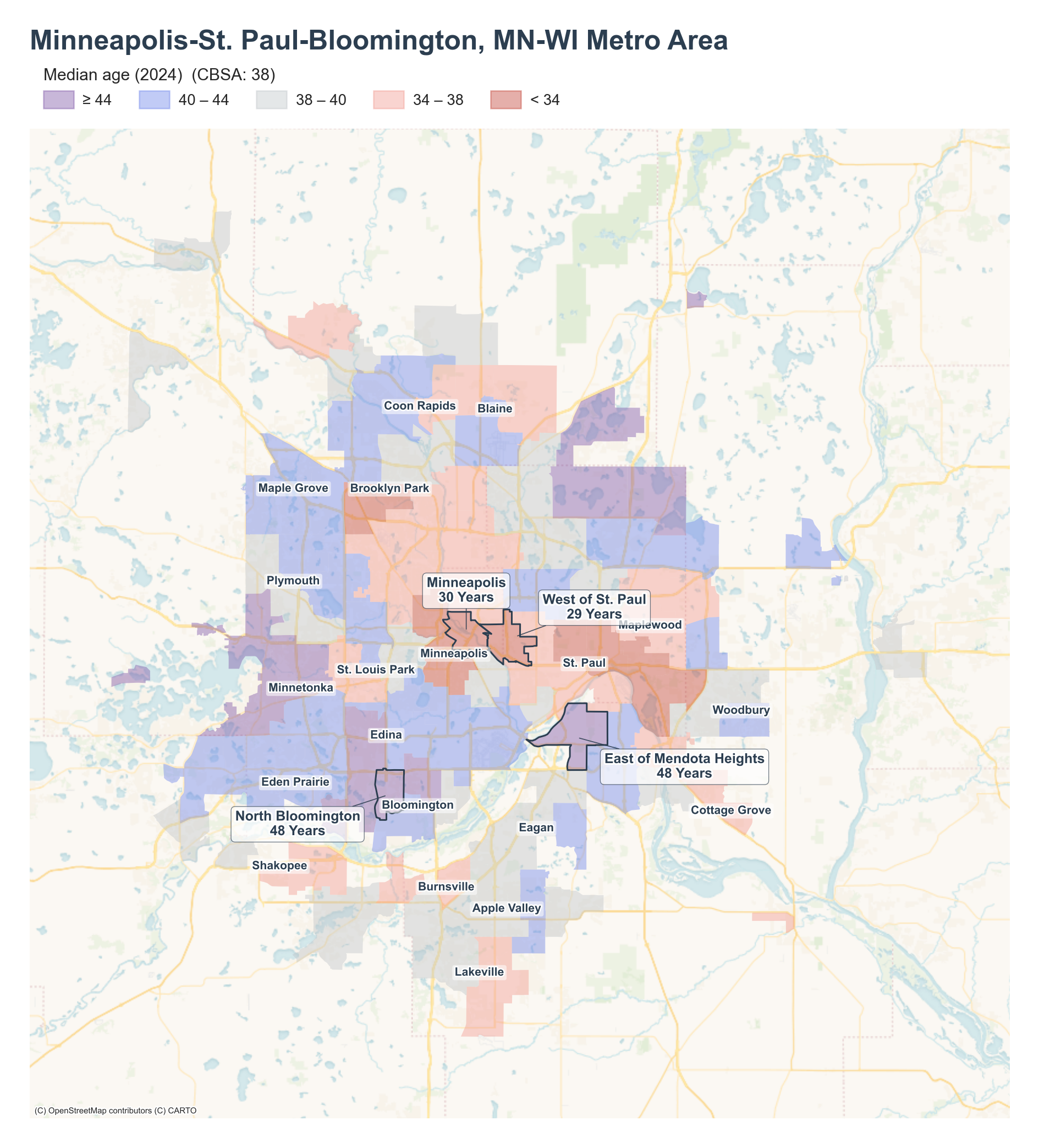 Median age (2024) by neighborhood across the Minneapolis–St. Paul metro