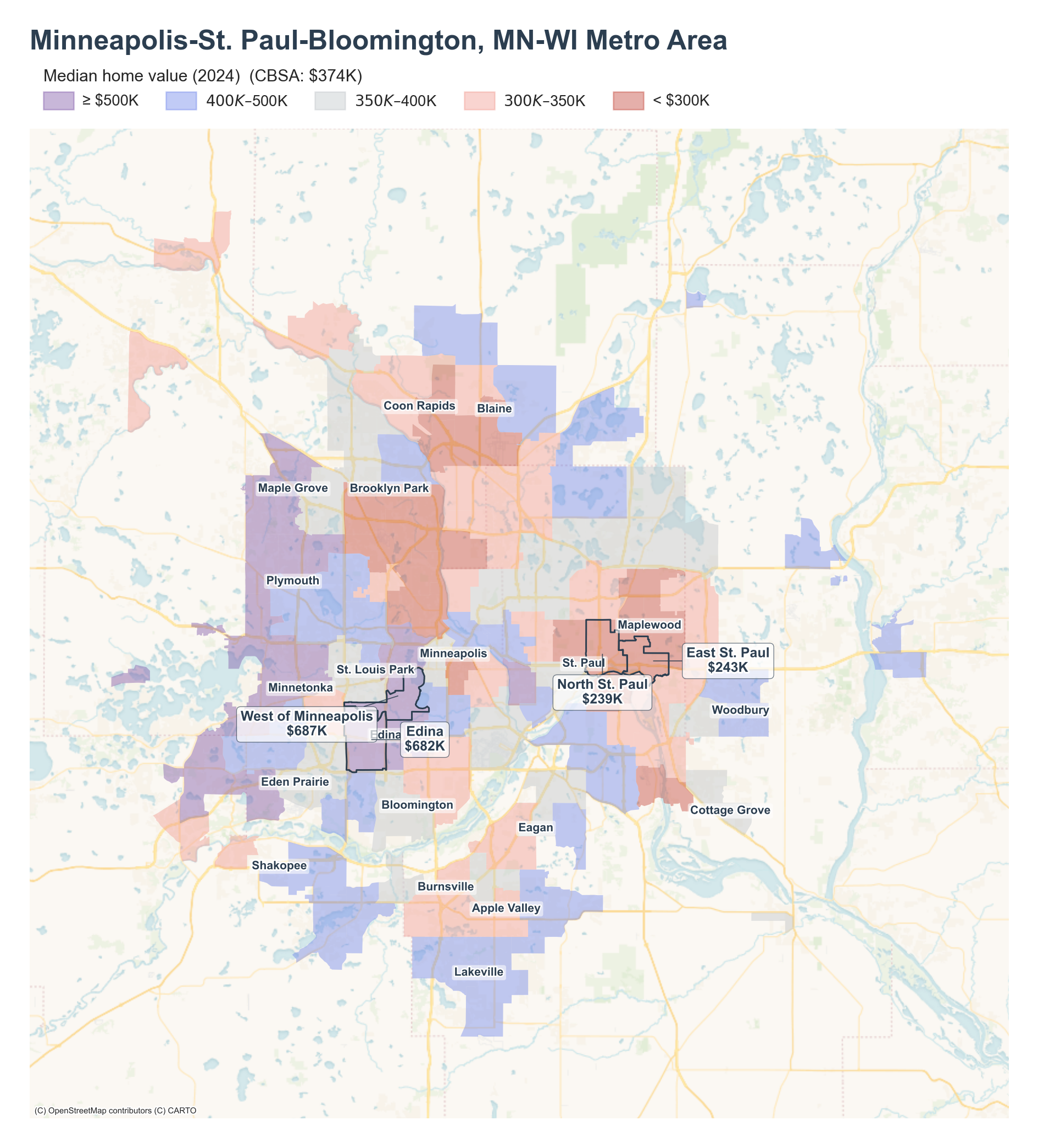 Median home value (2024) by neighborhood across the Minneapolis–St. Paul metro