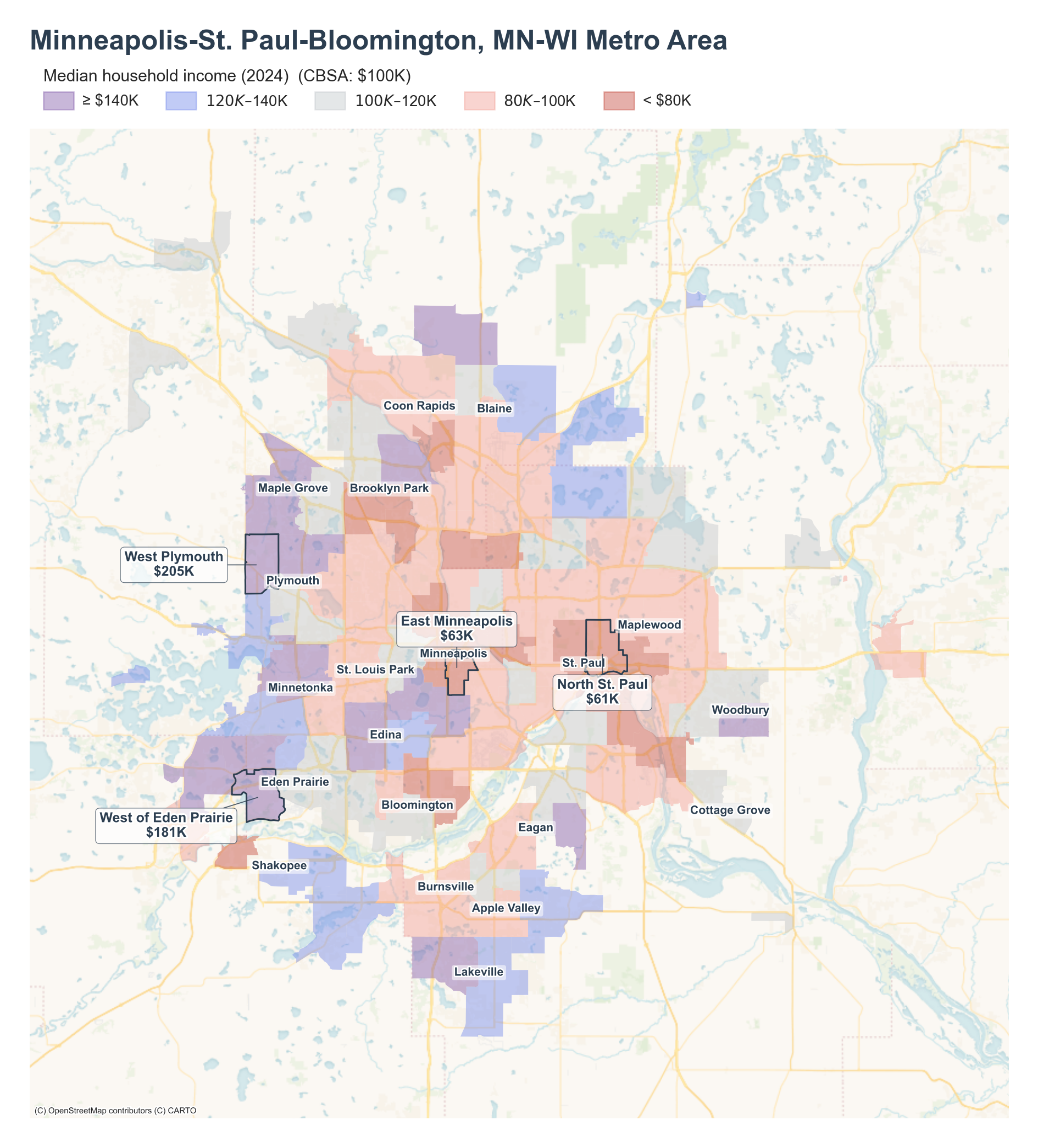 Median household income (2024) by neighborhood across the Minneapolis–St. Paul metro
