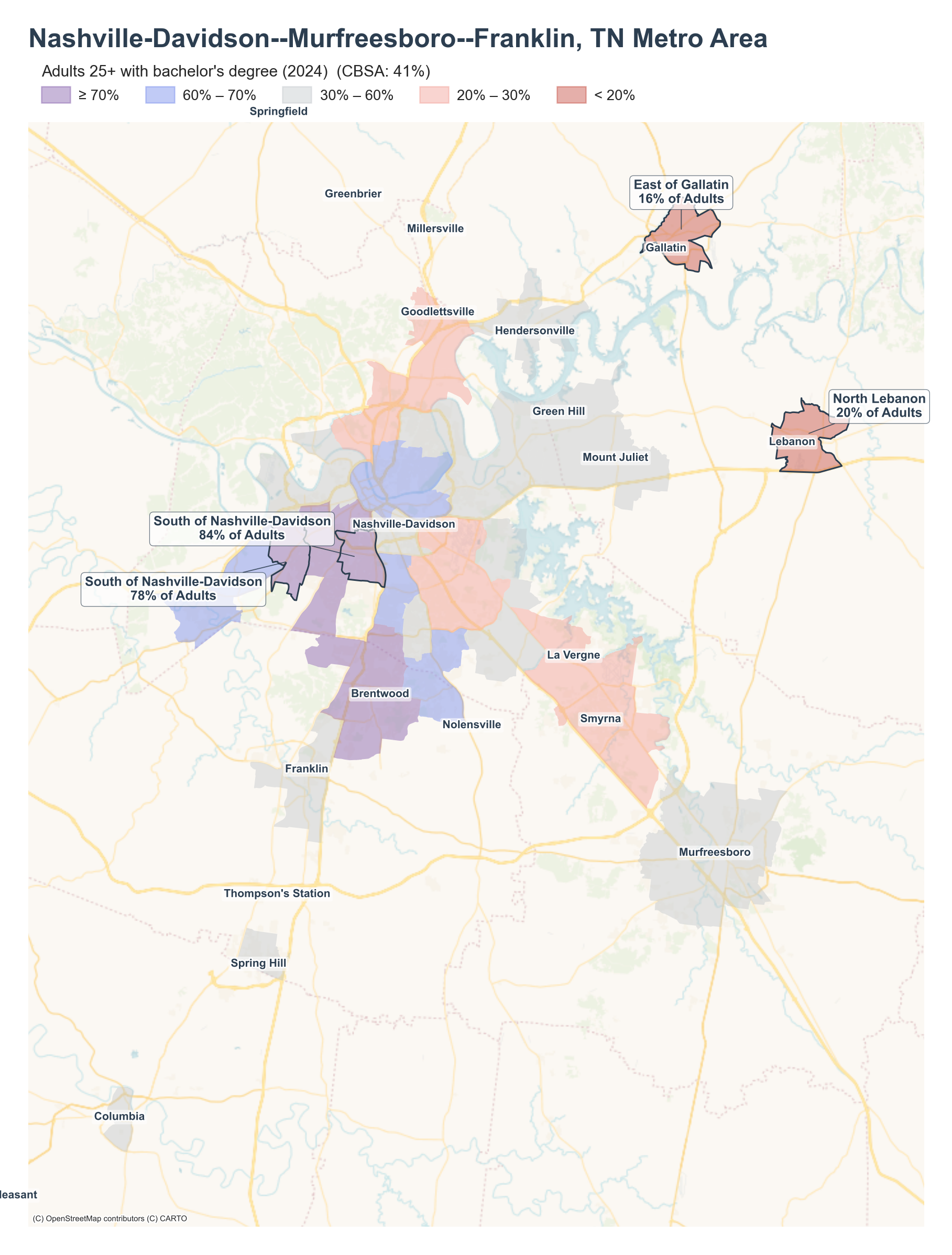 Adults 25+ with bachelor's degree (2024) by neighborhood across the Nashville metro
