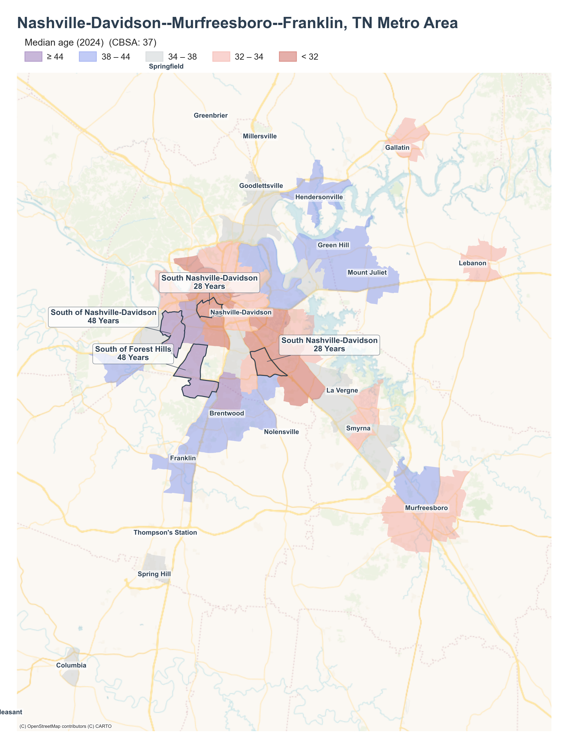 Median age (2024) by neighborhood across the Nashville metro