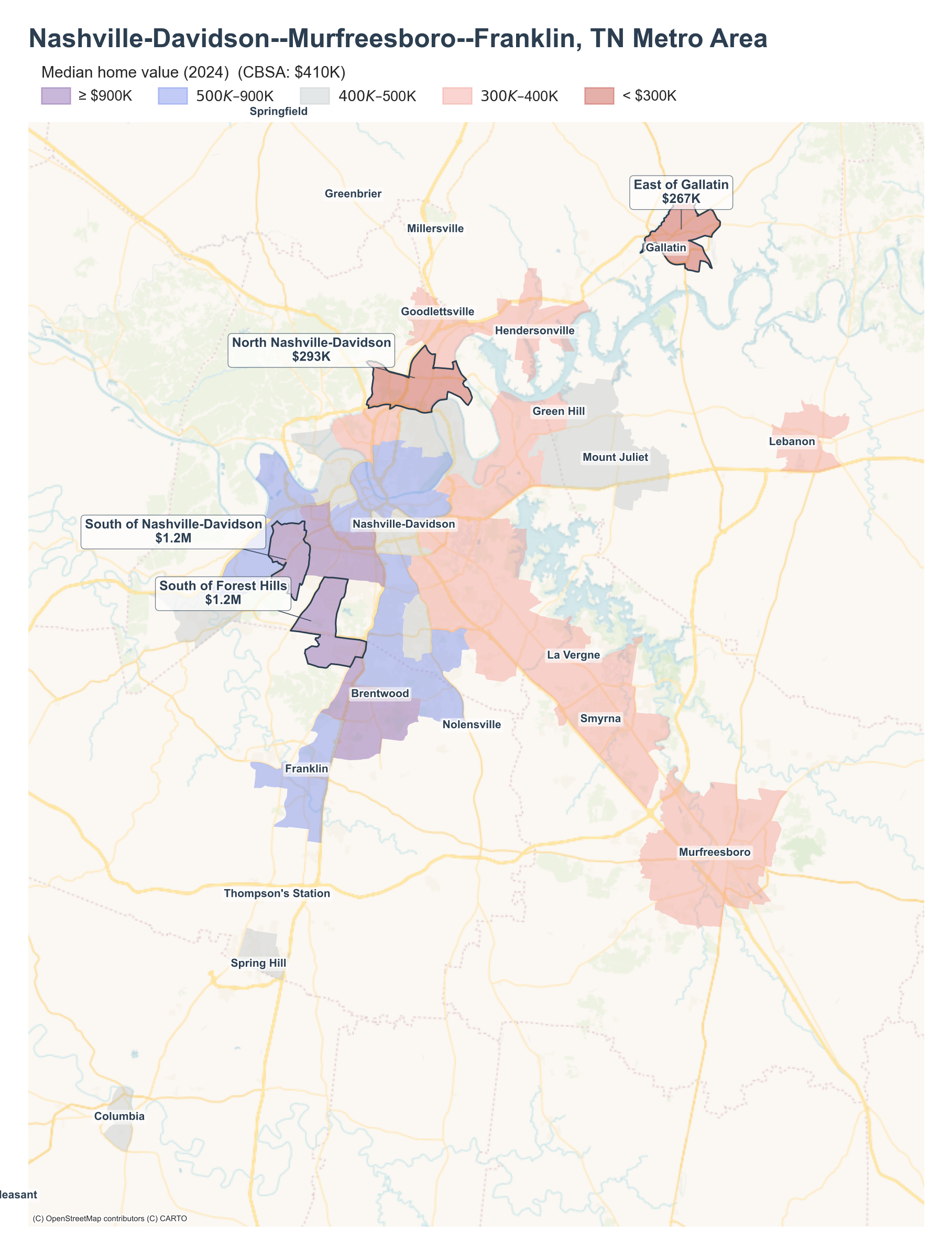 Median home value (2024) by neighborhood across the Nashville metro