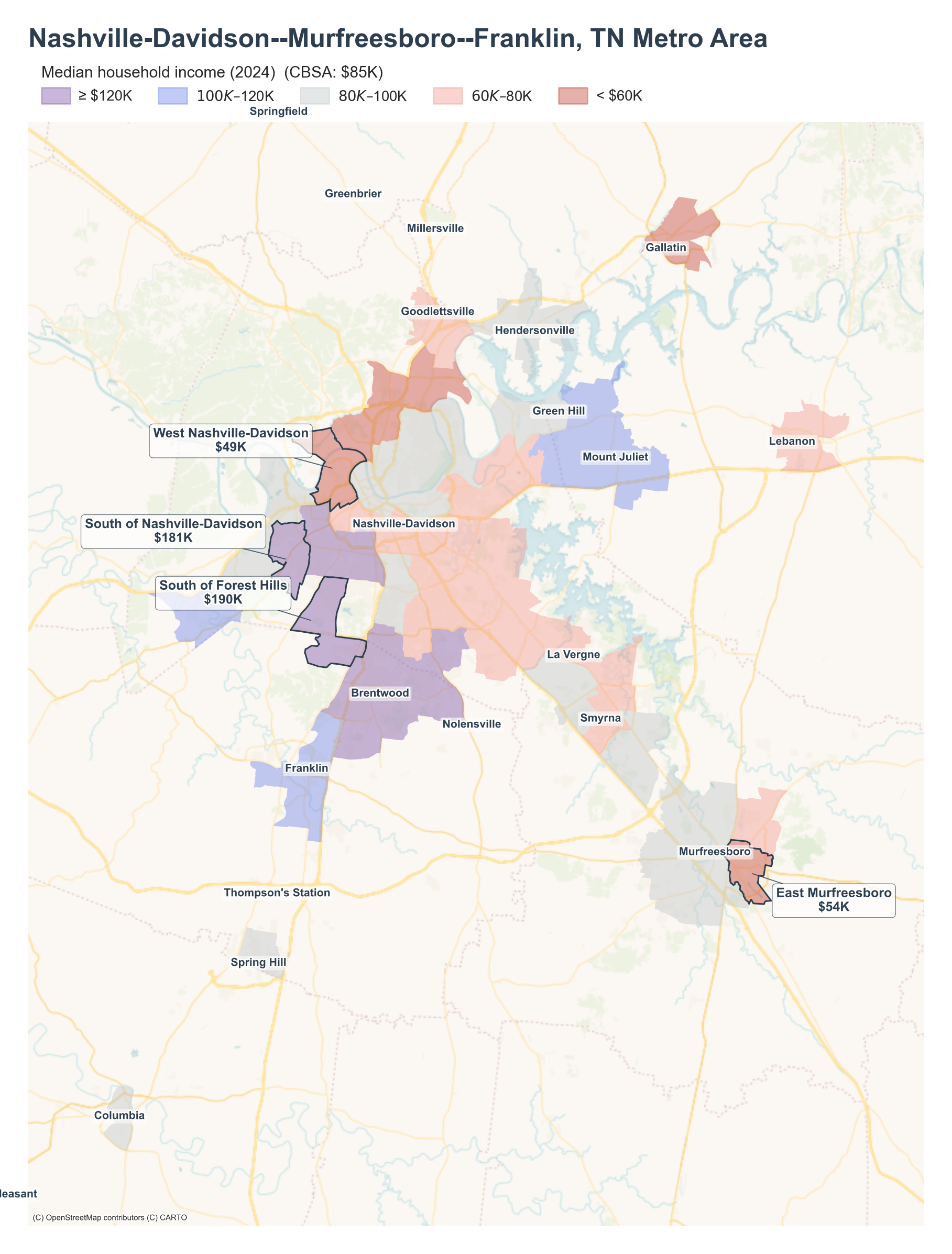 Median household income (2024) by neighborhood across the Nashville metro