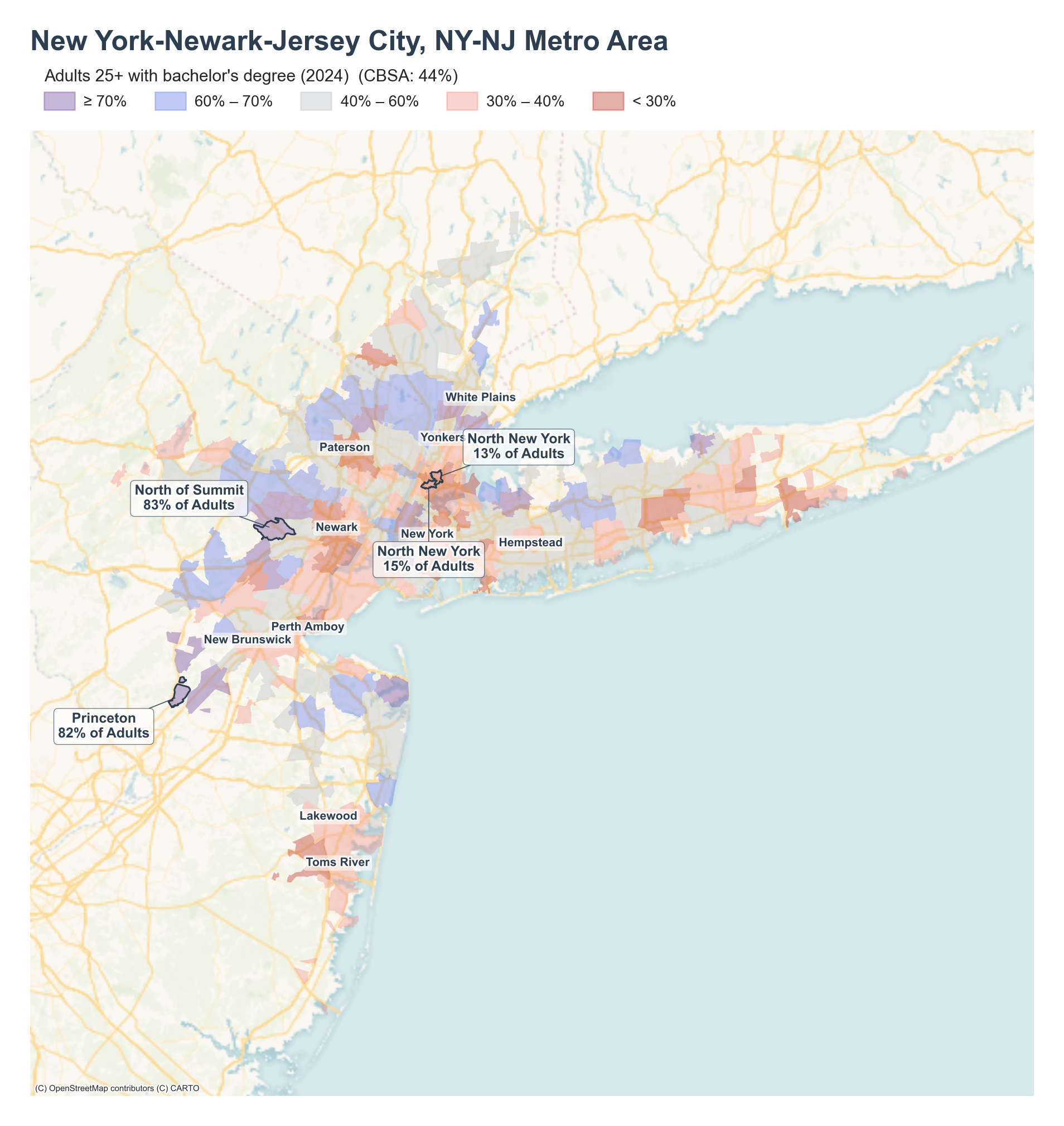 Adults 25+ with bachelor's degree (2024) by neighborhood across the New York metro