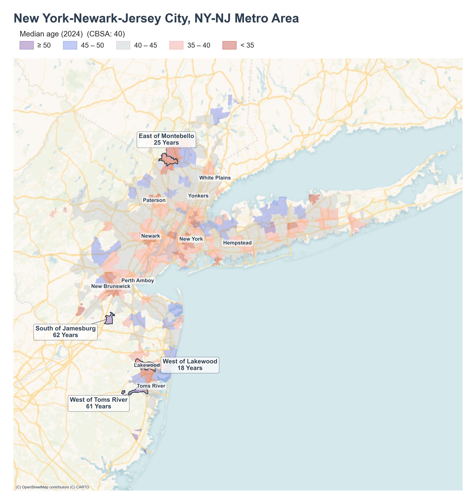 Median age (2024) by neighborhood across the New York metro