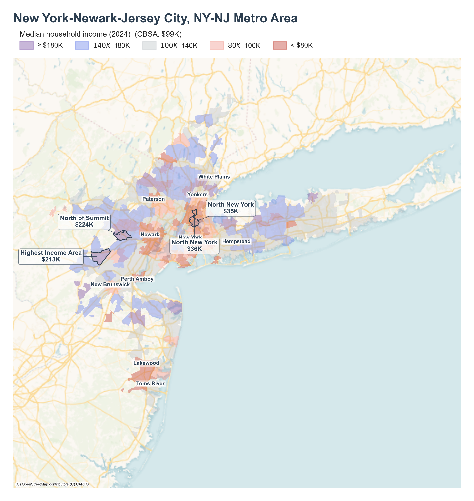 Median household income (2024) by neighborhood across the New York metro