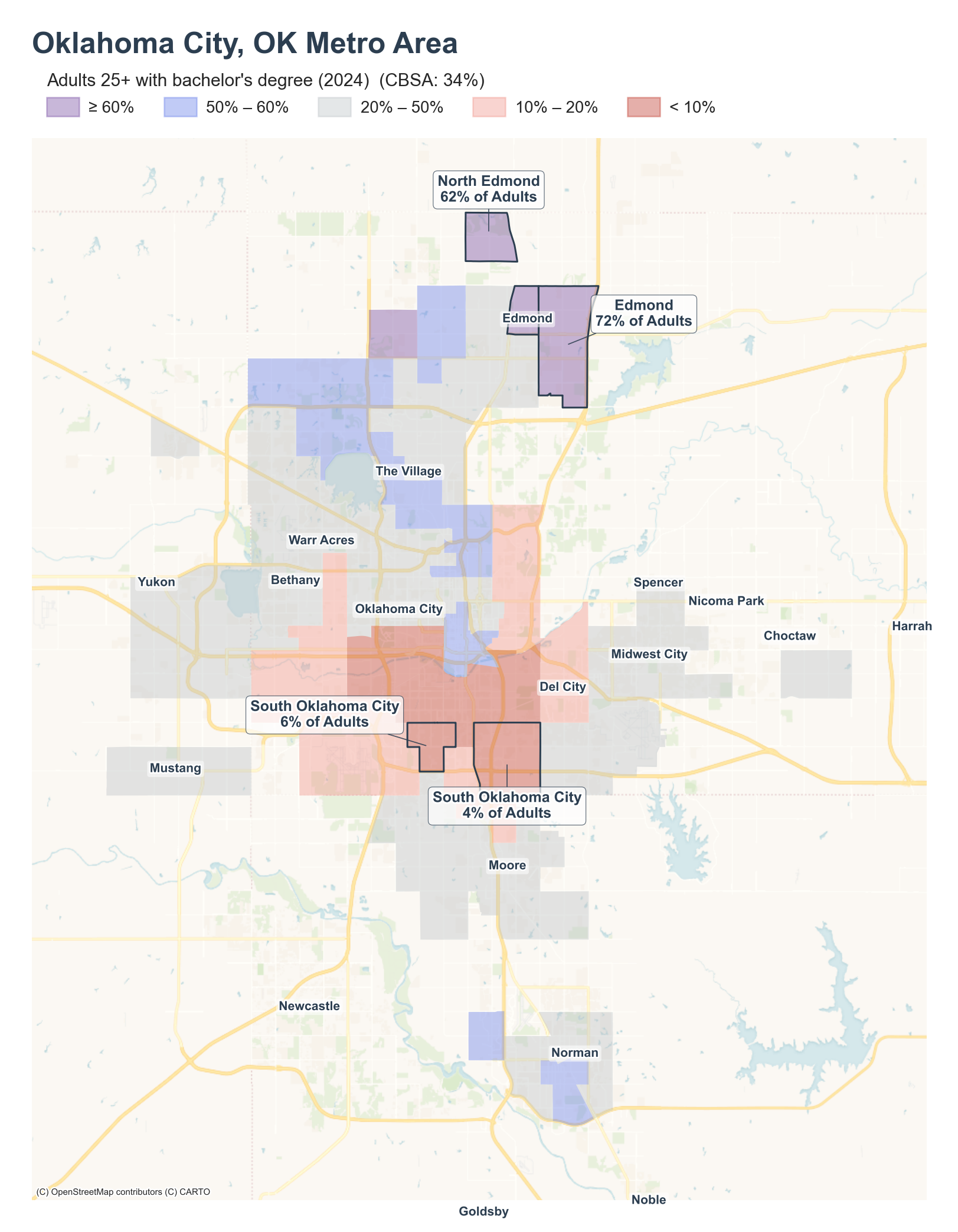 Adults 25+ with bachelor's degree (2024) by neighborhood across the Oklahoma City metro