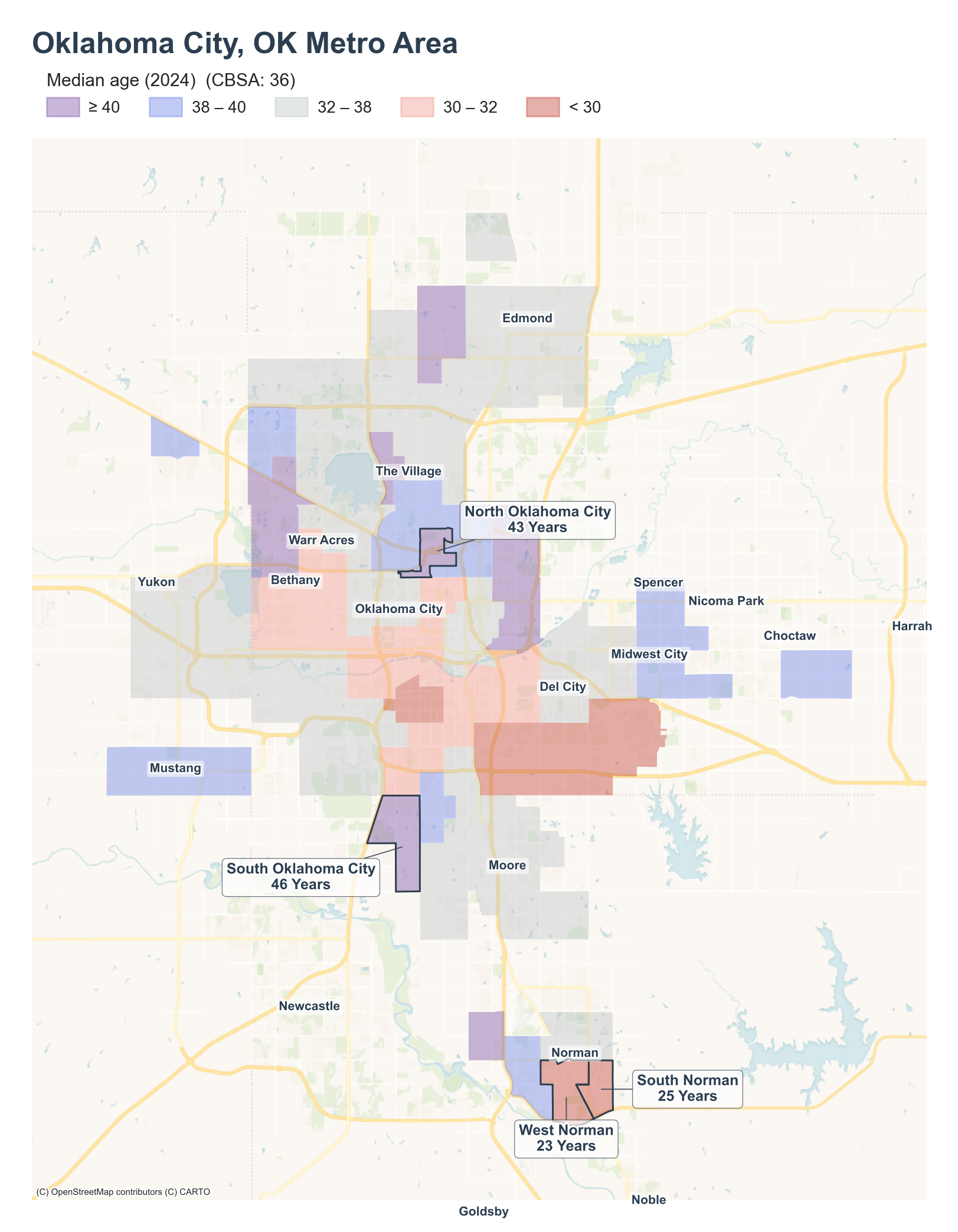 Median age (2024) by neighborhood across the Oklahoma City metro
