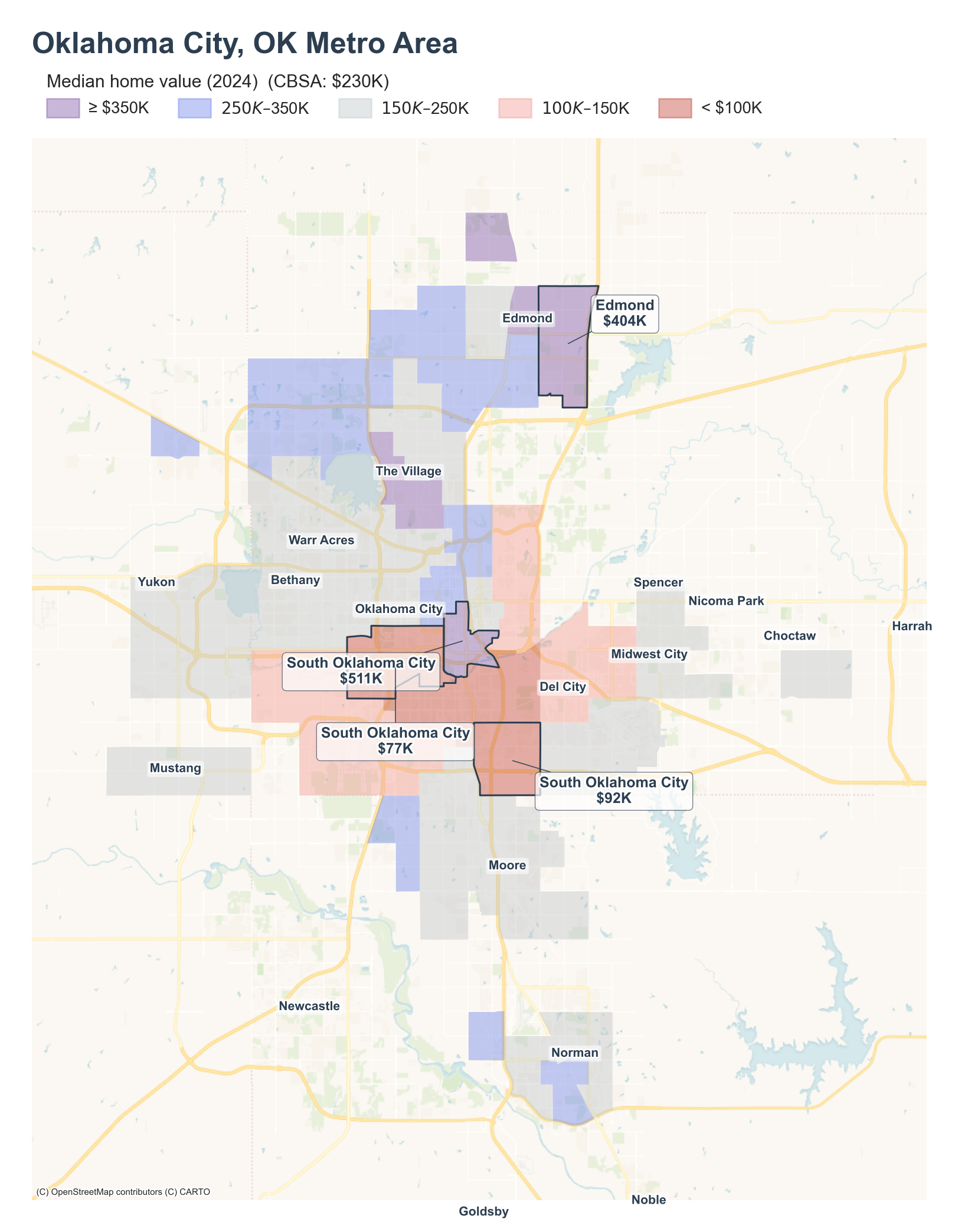 Median home value (2024) by neighborhood across the Oklahoma City metro