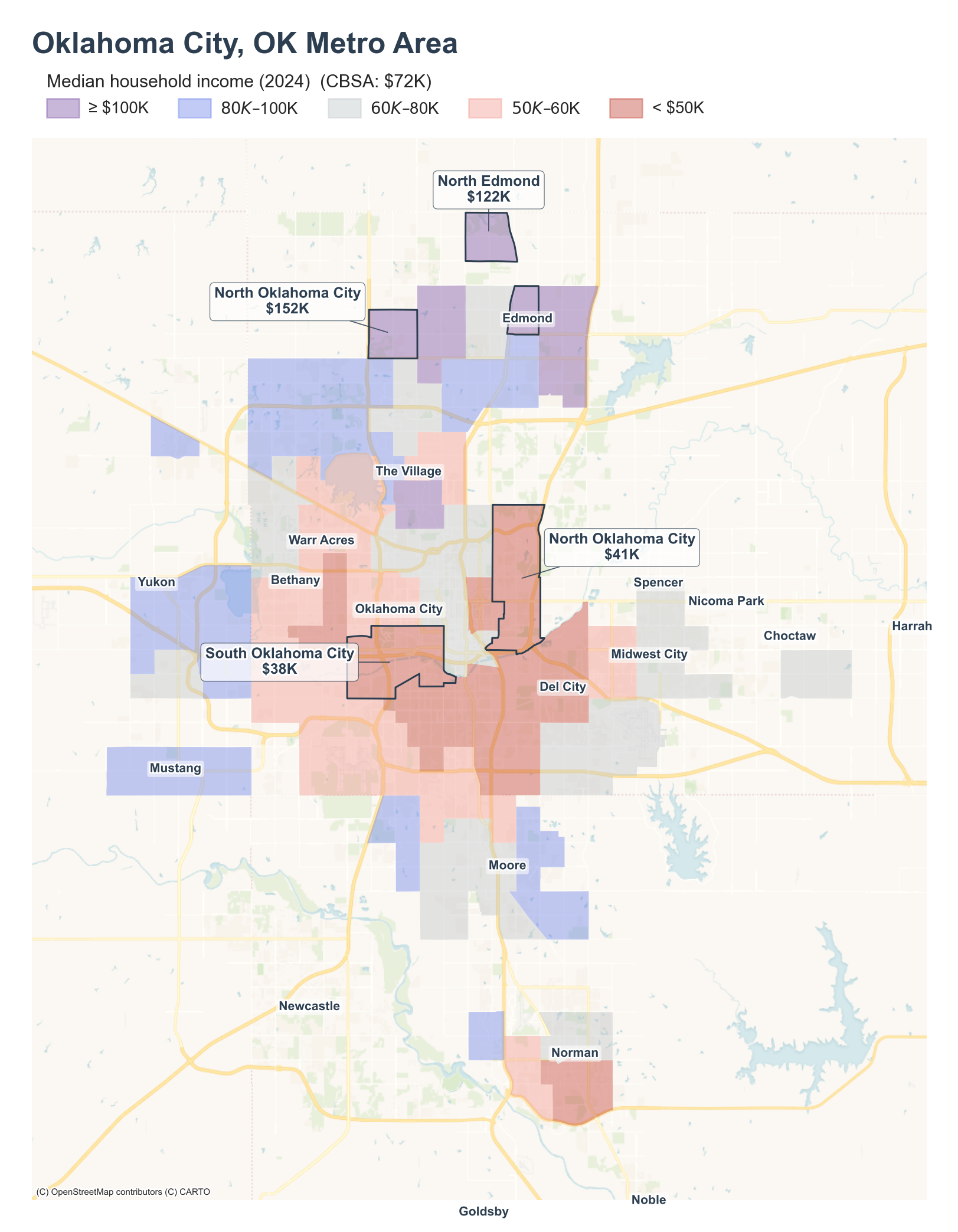 Median household income (2024) by neighborhood across the Oklahoma City metro