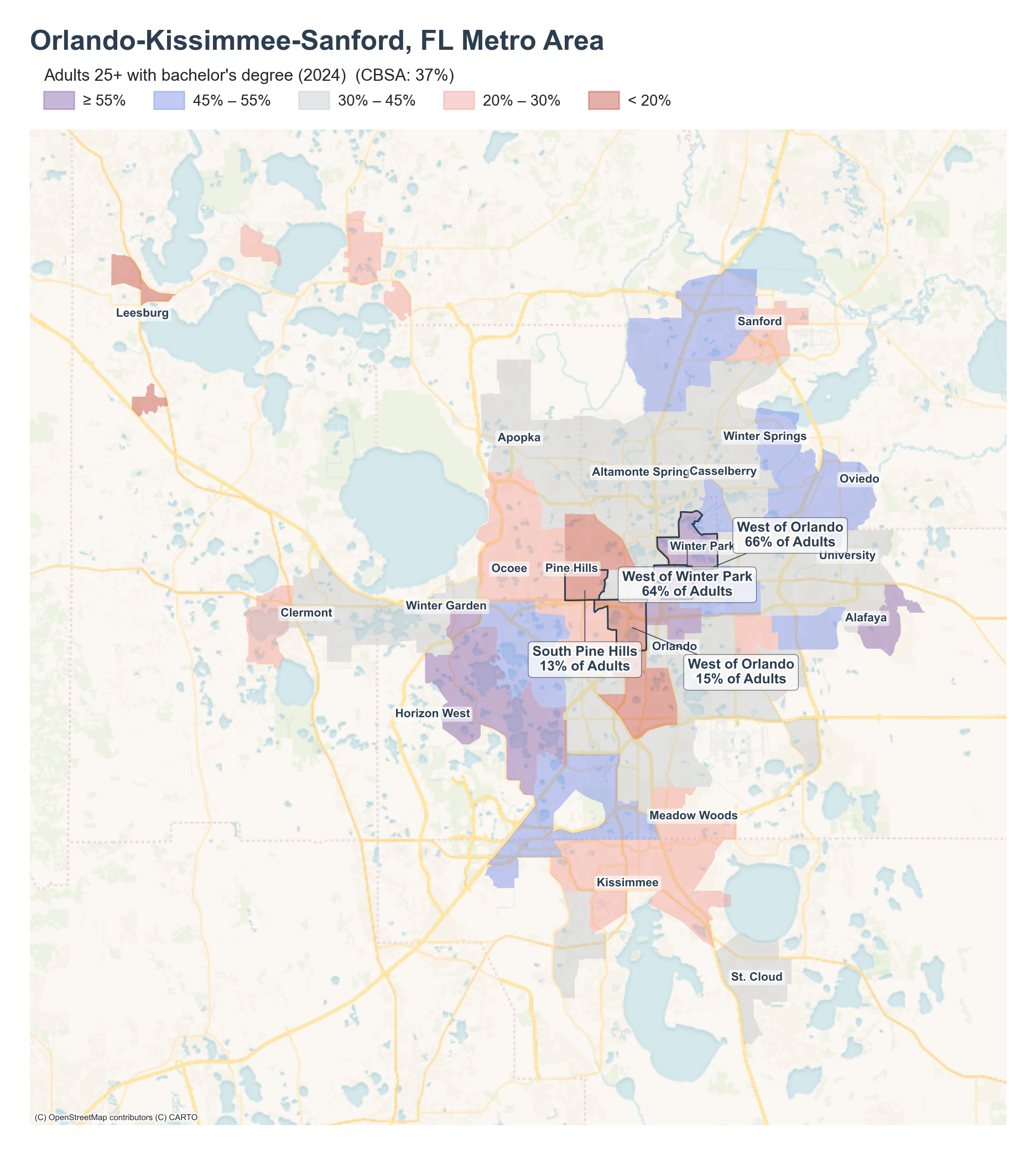 Adults 25+ with bachelor's degree (2024) by neighborhood across the Orlando metro