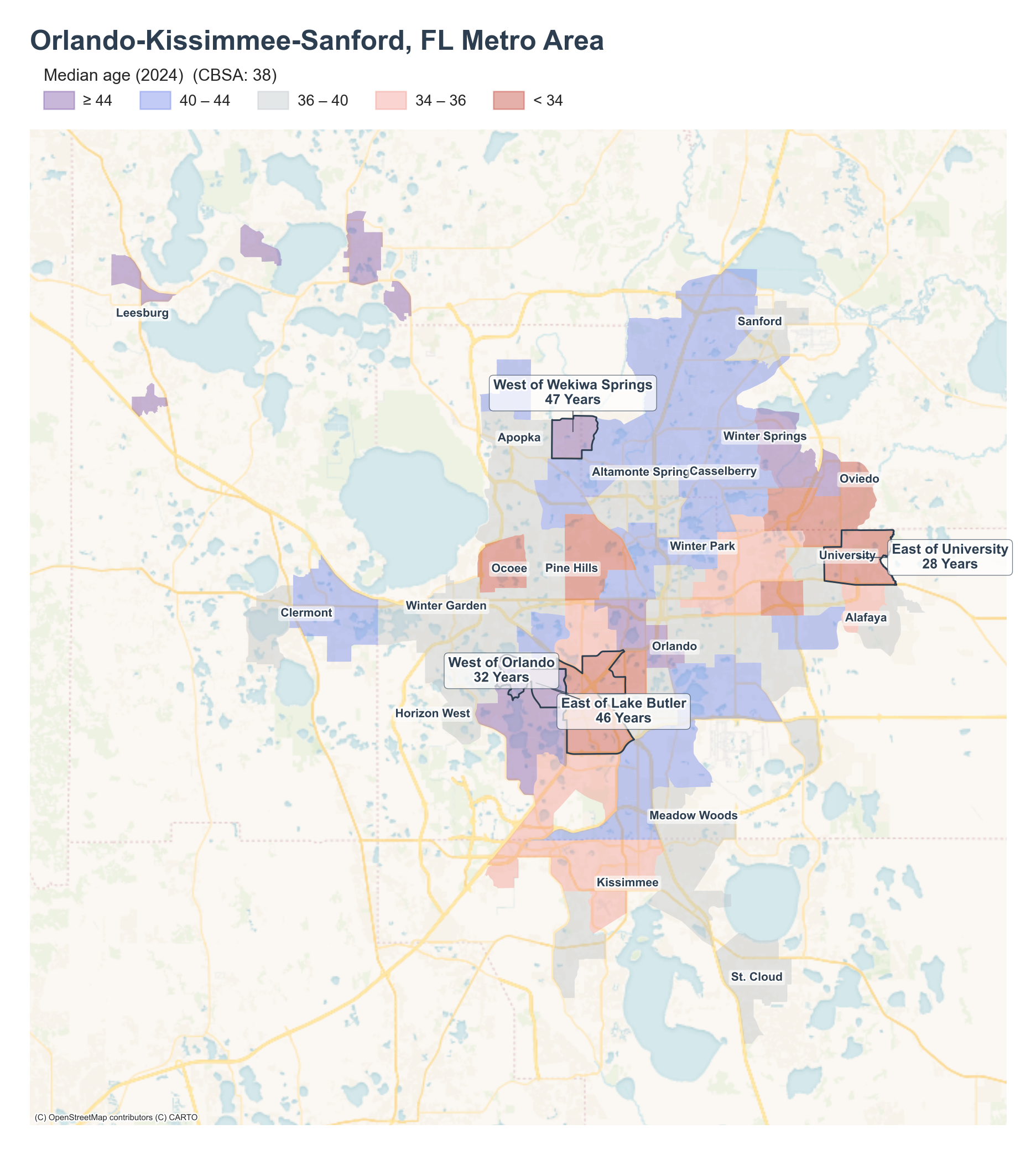 Median age (2024) by neighborhood across the Orlando metro