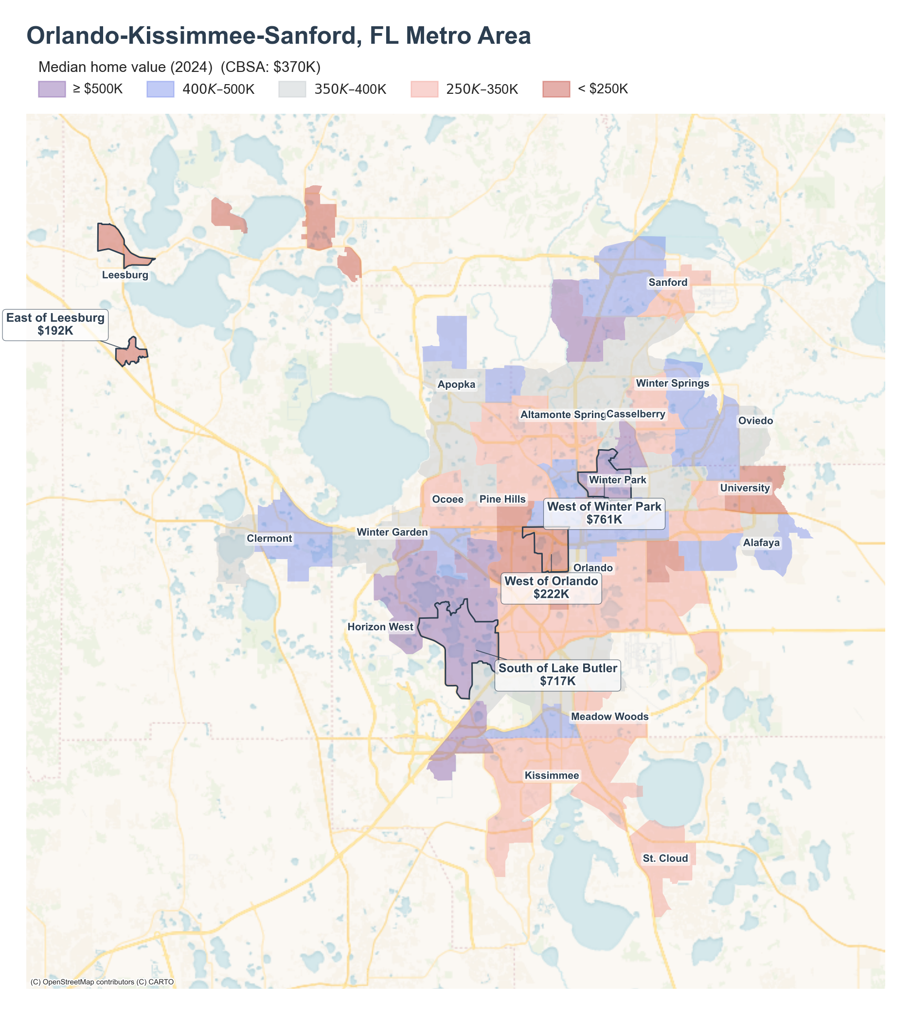 Median home value (2024) by neighborhood across the Orlando metro