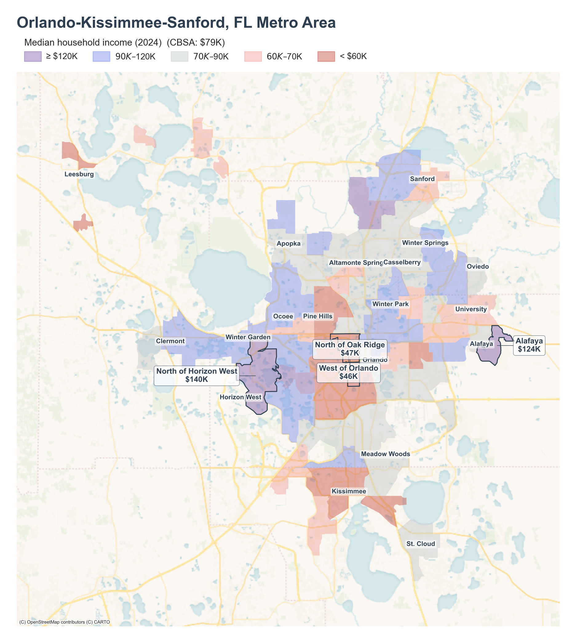 Median household income (2024) by neighborhood across the Orlando metro