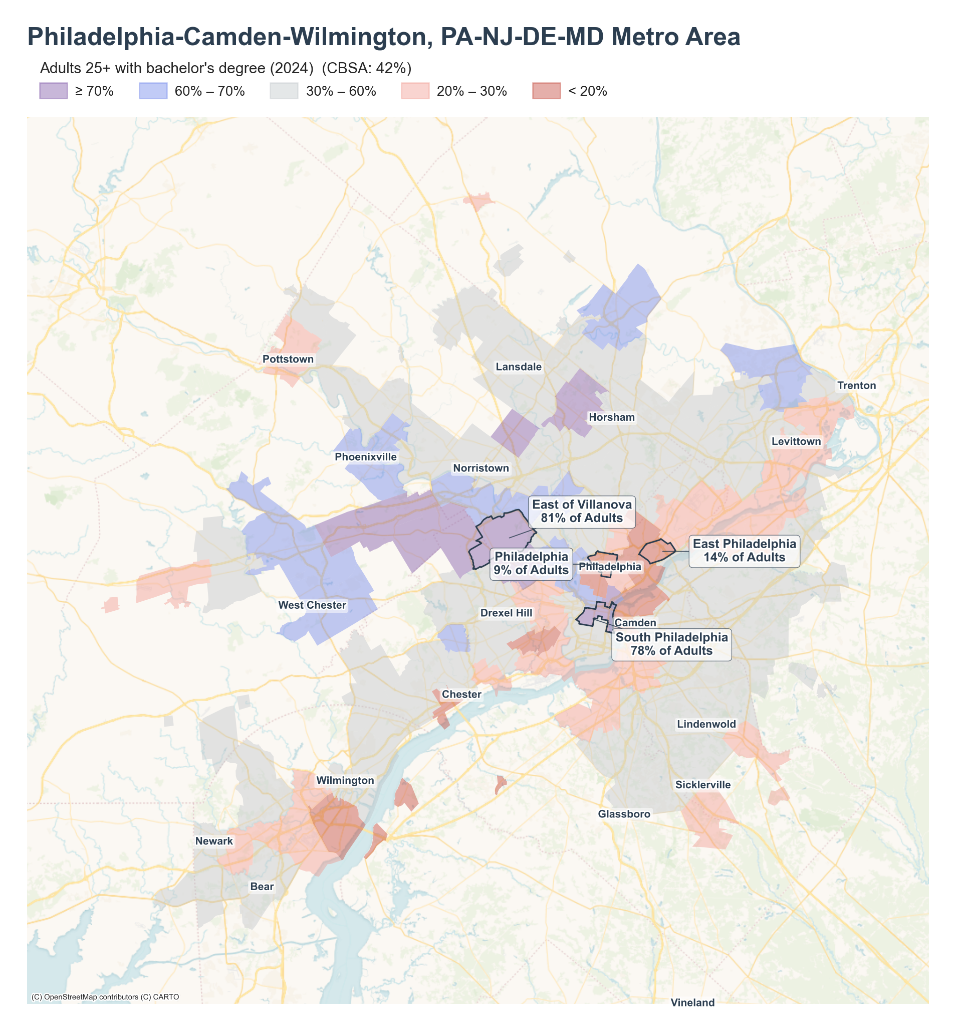Adults 25+ with bachelor's degree (2024) by neighborhood across the Philadelphia metro