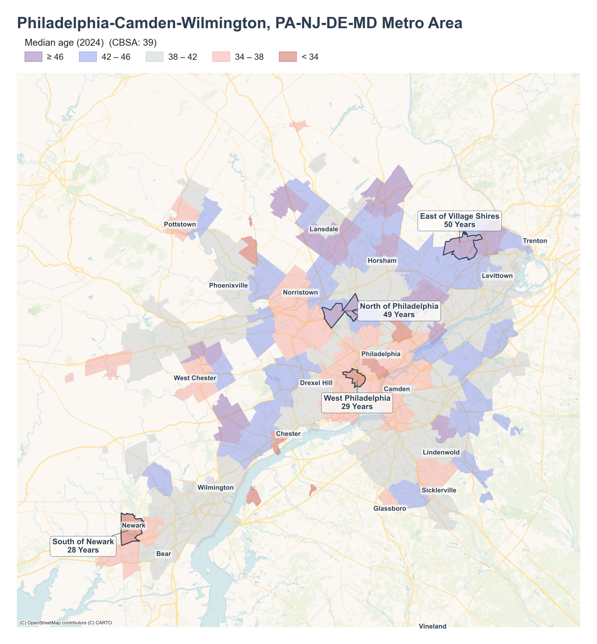 Median age (2024) by neighborhood across the Philadelphia metro
