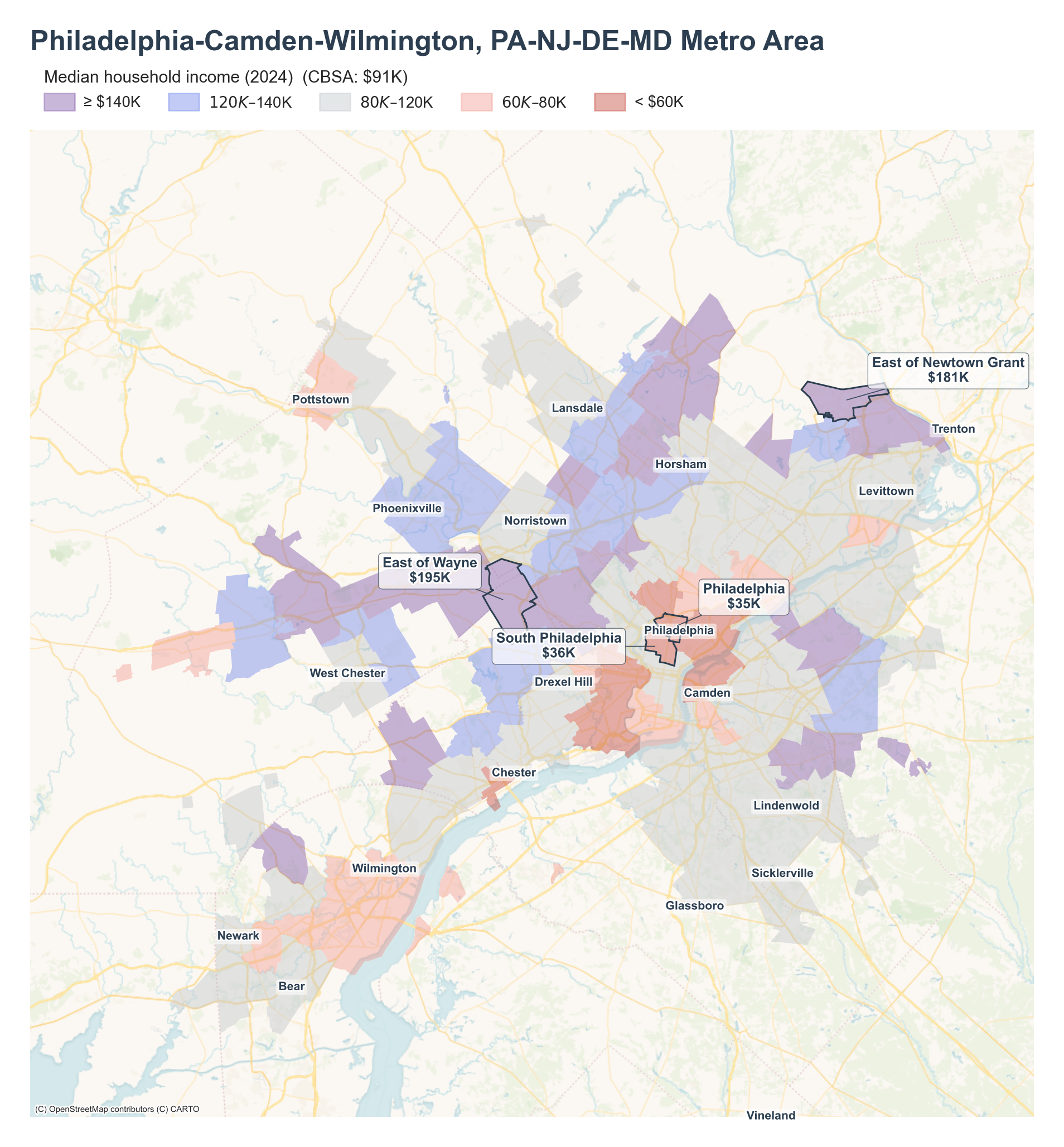 Median household income (2024) by neighborhood across the Philadelphia metro