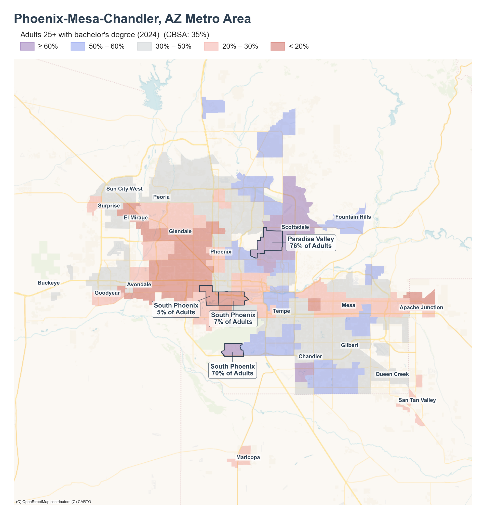 Adults 25+ with bachelor's degree (2024) by neighborhood across the Phoenix–Mesa–Chandler metro