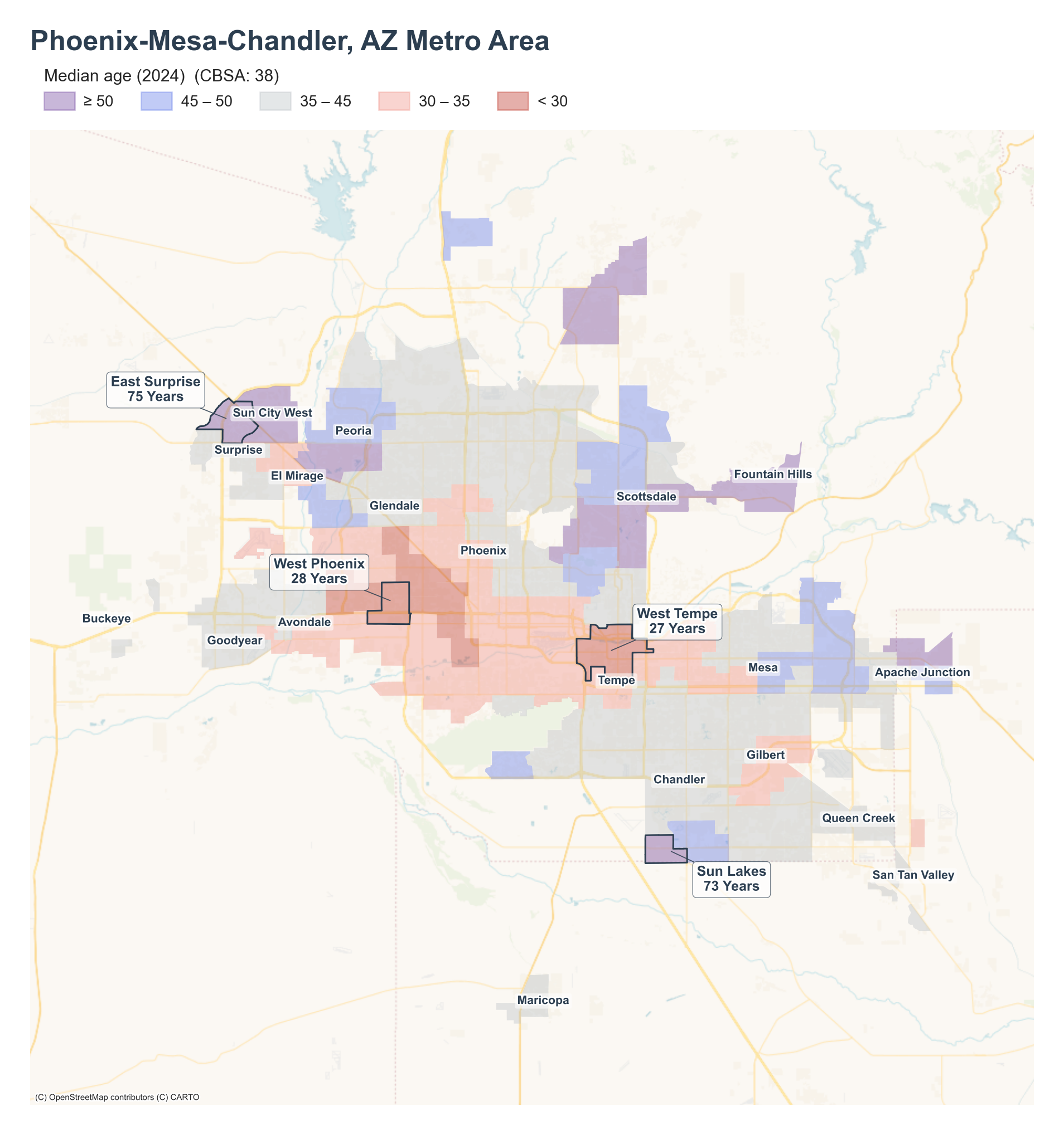 Median age (2024) by neighborhood across the Phoenix–Mesa–Chandler metro