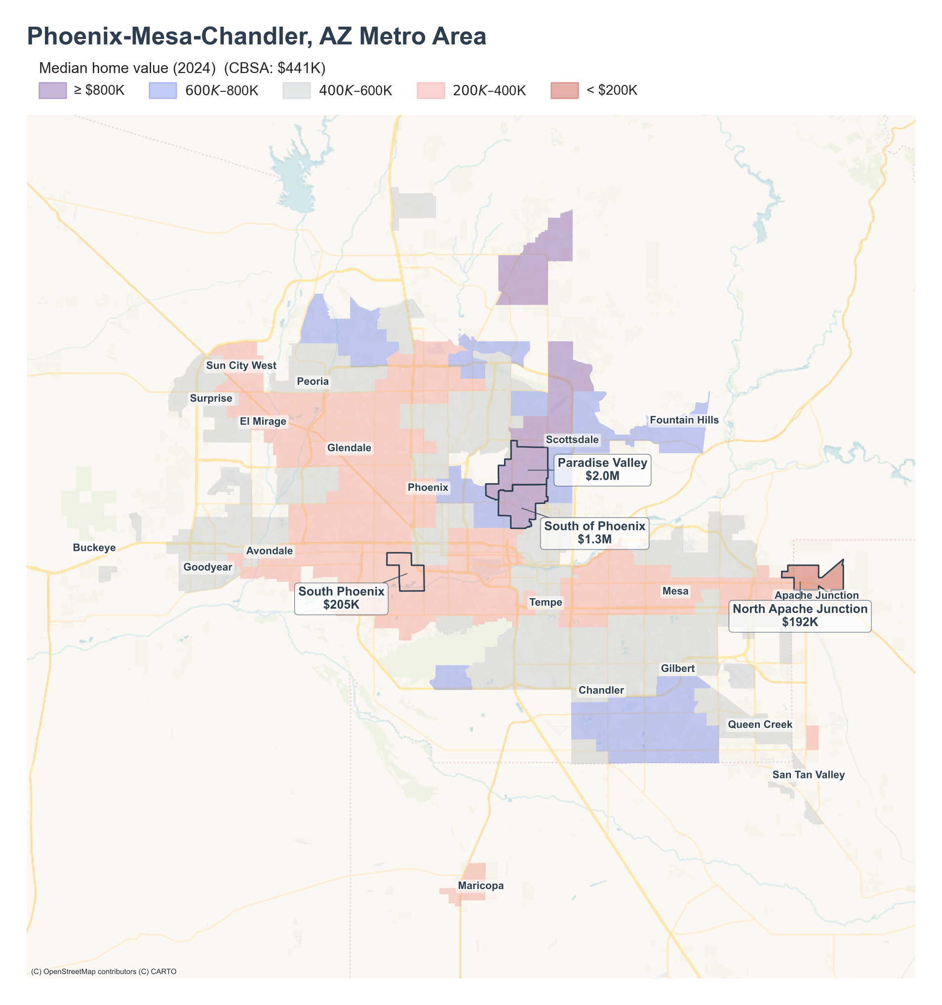 Median home value (2024) by neighborhood across the Phoenix–Mesa–Chandler metro