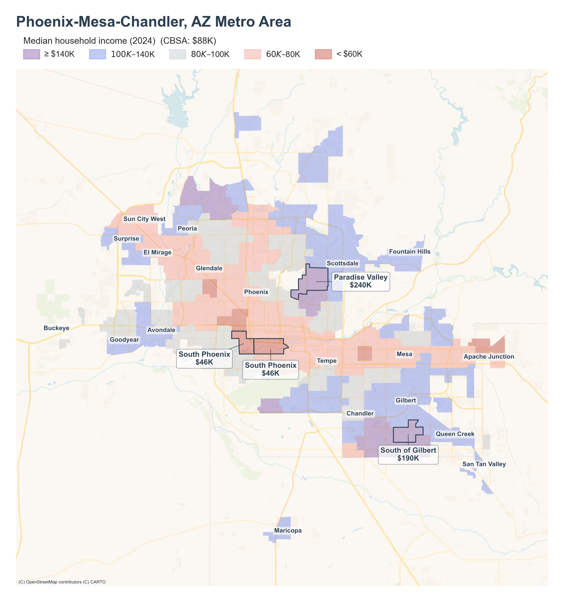 Median household income (2024) by neighborhood across the Phoenix–Mesa–Chandler metro