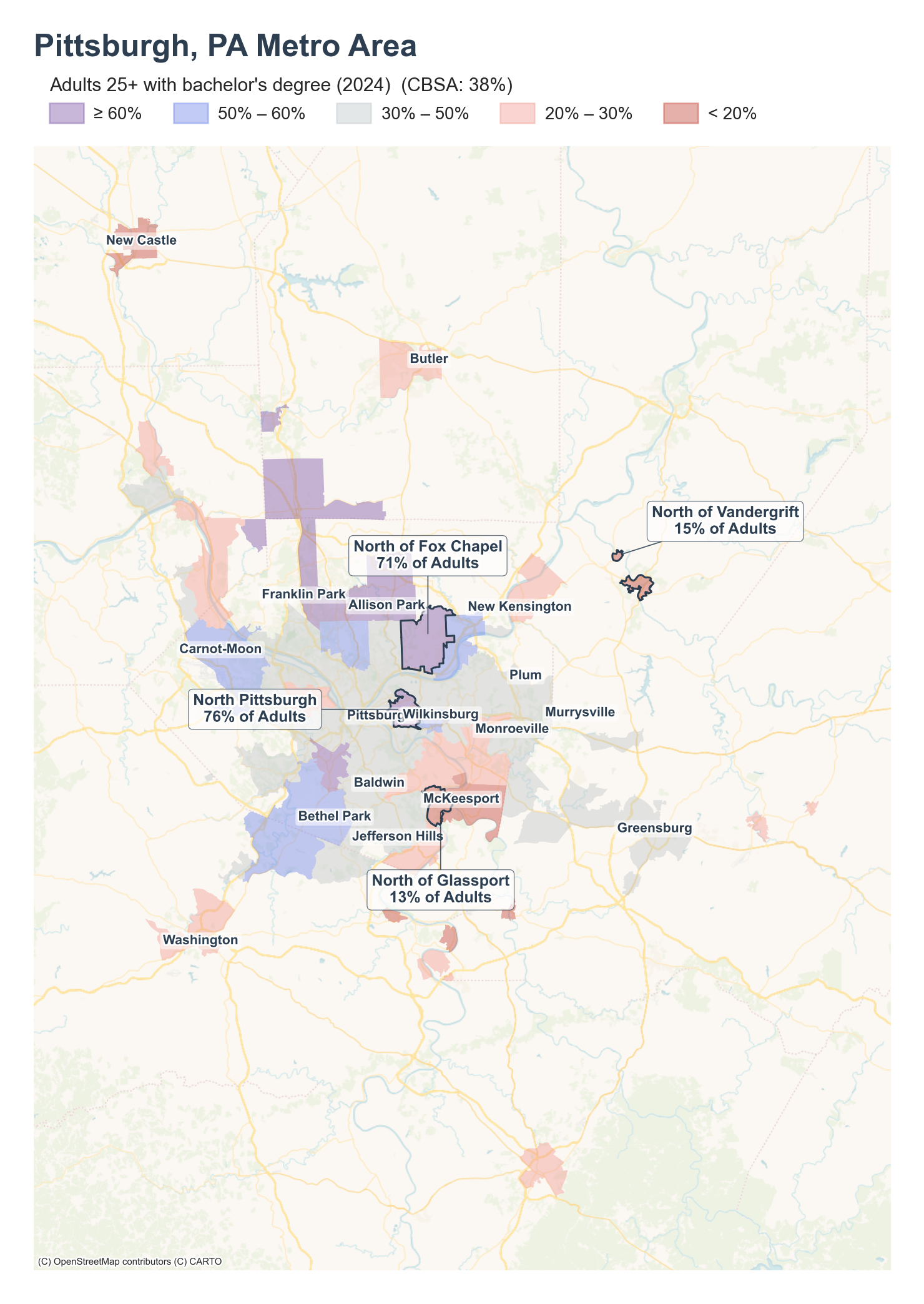 Adults 25+ with bachelor's degree (2024) by neighborhood across the Pittsburgh metro